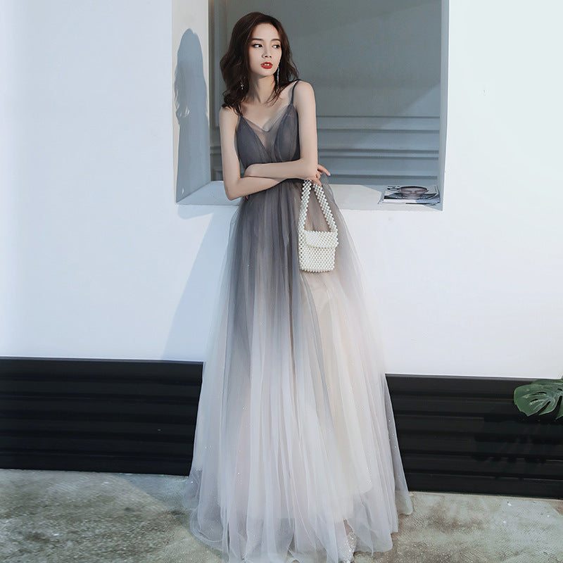 Elegant Gray Gradient Tulle Spaghetti Strap Prom Dress - Backless Long Evening Gown for Formal Events & Special Occasions | Perfect for Homecoming, Prom Night & Wedding Parties