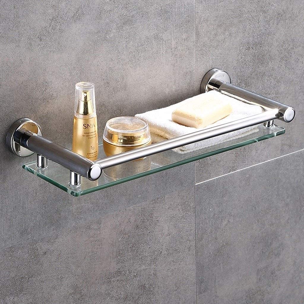 2-Tier Tempered Glass Bathroom Shelf with Towel Bar - Wall Mounted Shower Storage Organizer (Brushed Silver, 50cm) - Perfect for Small Bathrooms, Spa Showers & Modern Home Decor