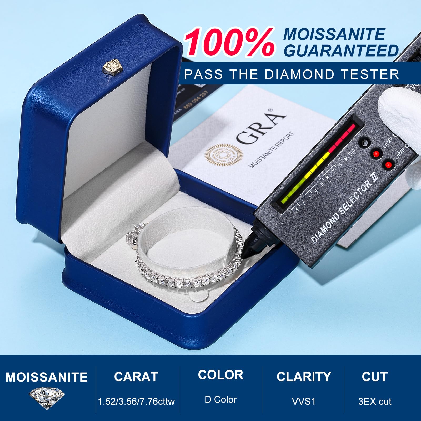 1.52ct-7.76ct Moissanite Tennis Bracelet for Women | 18K White Gold Plated S925 Sterling Silver | D Color VVS1 Round Brilliant Cut Lab Created Diamond Alternative | Adjustable Luxury Jewelry | Perfect for Anniversaries, Weddings & Special Occasions