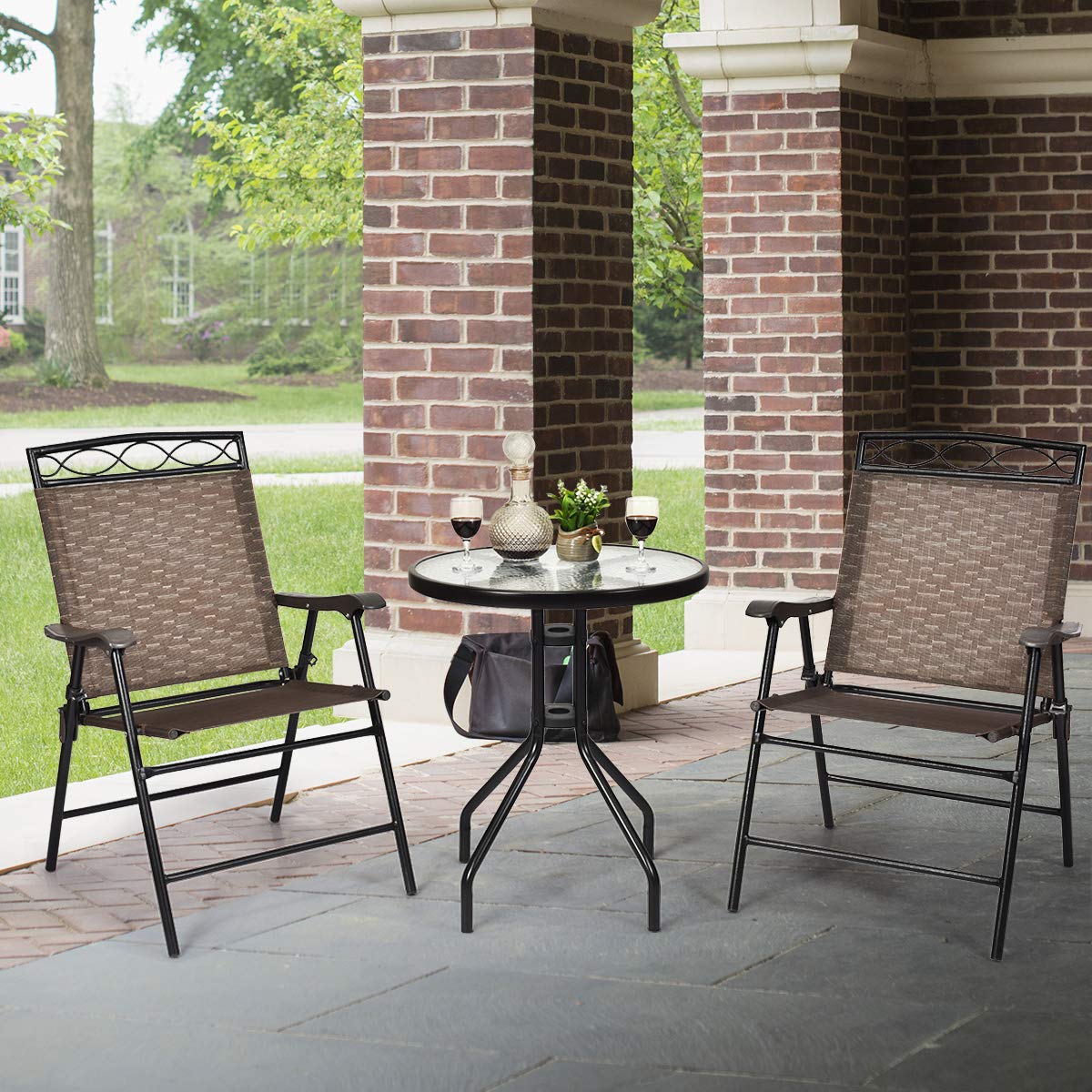 Giantex 3-Piece Outdoor Patio Dining Set with Round Tempered Glass Table & 2 Folding Chairs - Brown - Perfect for Garden, Poolside, Backyard & Balcony Use - Includes Umbrella Hole for Shade