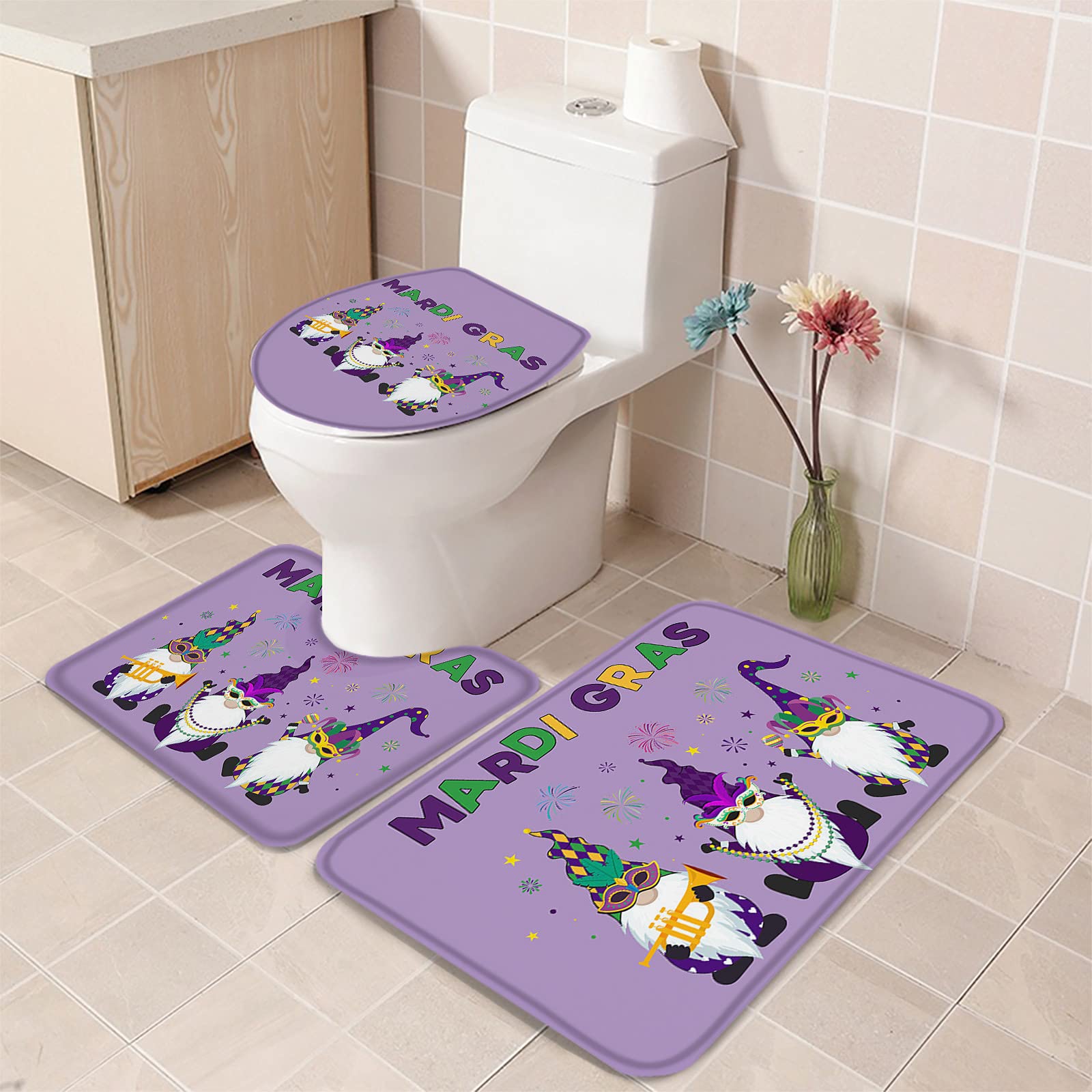 3-Piece Bathroom Rug Set - Non-Slip Absorbent Shower Mat, Contour Mat & Toilet Lid Cover | Mardi Gras Carnival Gnome Party Theme | Soft Bath Mats for Bathroom Safety & Decor | Perfect for Guest Bathrooms, Kids' Bathrooms & Themed Parties