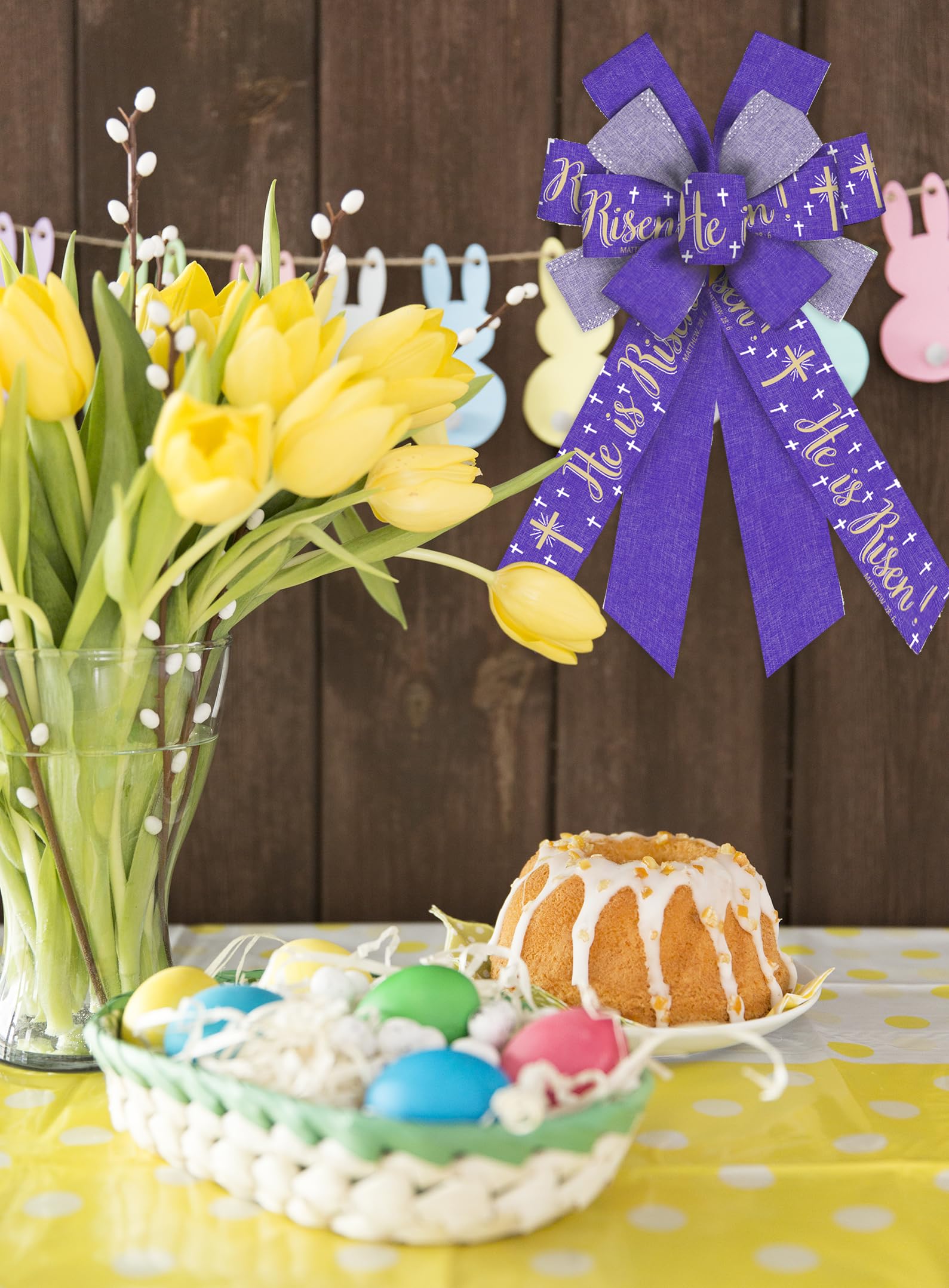 ALIBBON Large Easter Wreath Bows - Purple Religious Cross Burlap Decor for Spring & Christmas - Indoor/Outdoor Door Decor