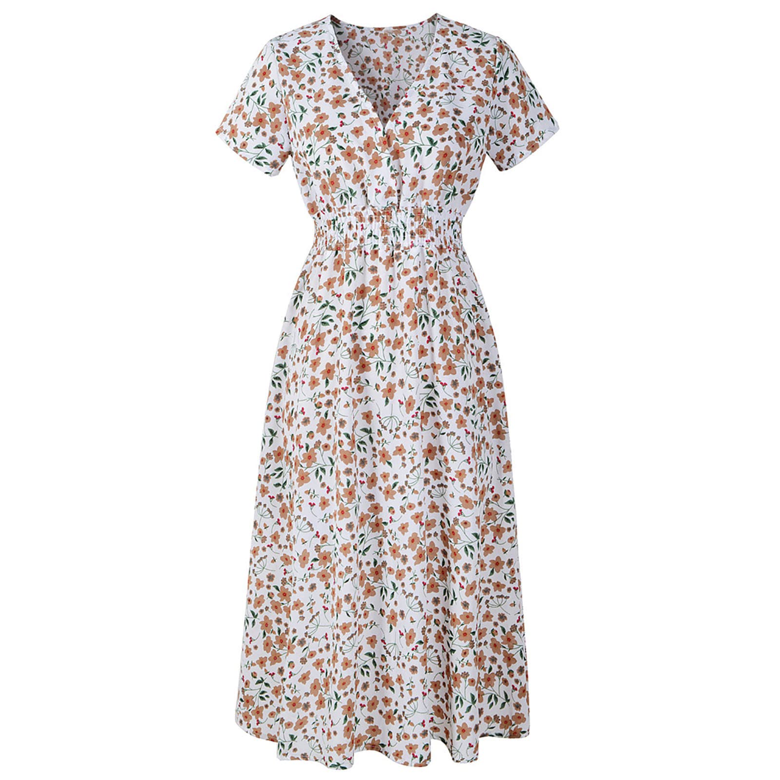Hoksml Women's Boho Floral Print V-Neck Short Sleeve Maxi Dress with Side Slit - Casual Beach Sun Dress for Summer Vacation, Music Festival & Boho Chic Outfits