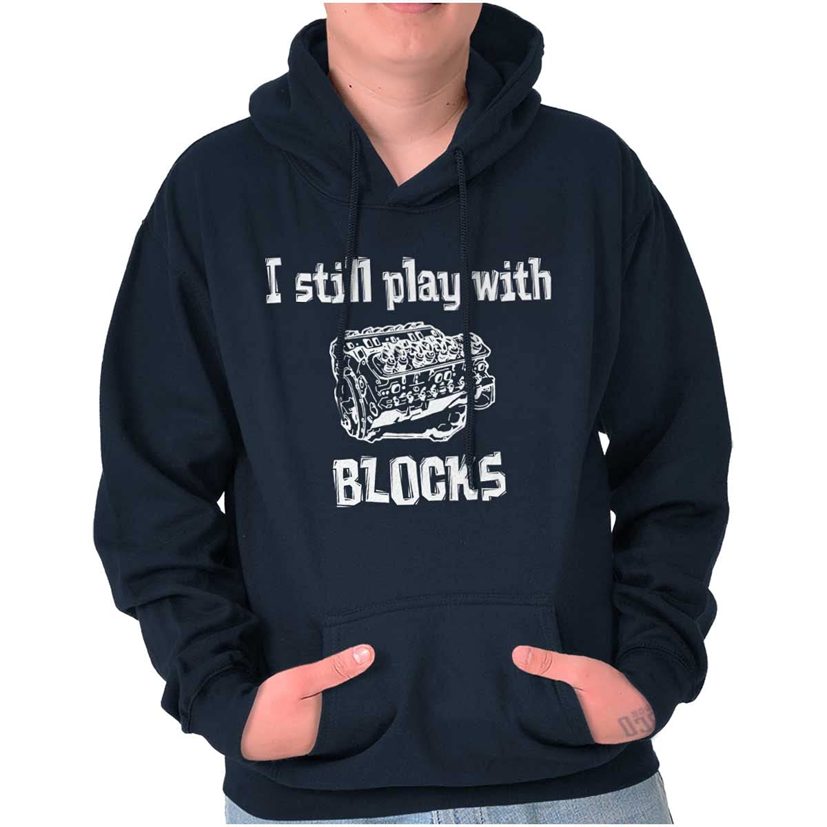 Brisco Brands Play With Blocks Car Engine Mechanic Hoodie - Unisex Pullover Sweatshirt for Men & Women - Perfect for Auto Enthusiasts, Mechanics, and Casual Wear