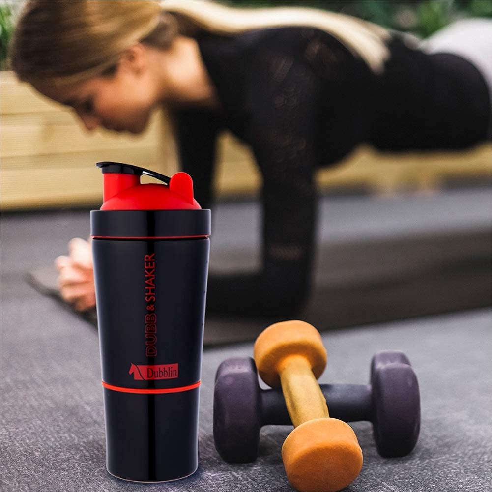 DUBBLIN Dubb & Shaker Gym Shaker Bottle - 750ml BPA-Free Stainless Steel Protein Shaker with Spring Ball & Detachable Glass Lid - Perfect for Workouts, Protein Mixing & On-the-Go Hydration