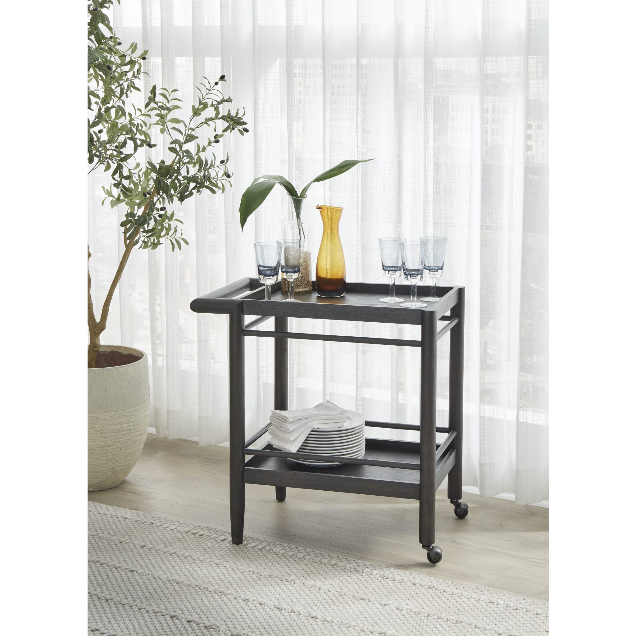 Rockport 2-Tier Rolling Bar Cart with Wheels - Elegant Yin Finish for Home Bar, Kitchen, or Living Room Storage & Serving
