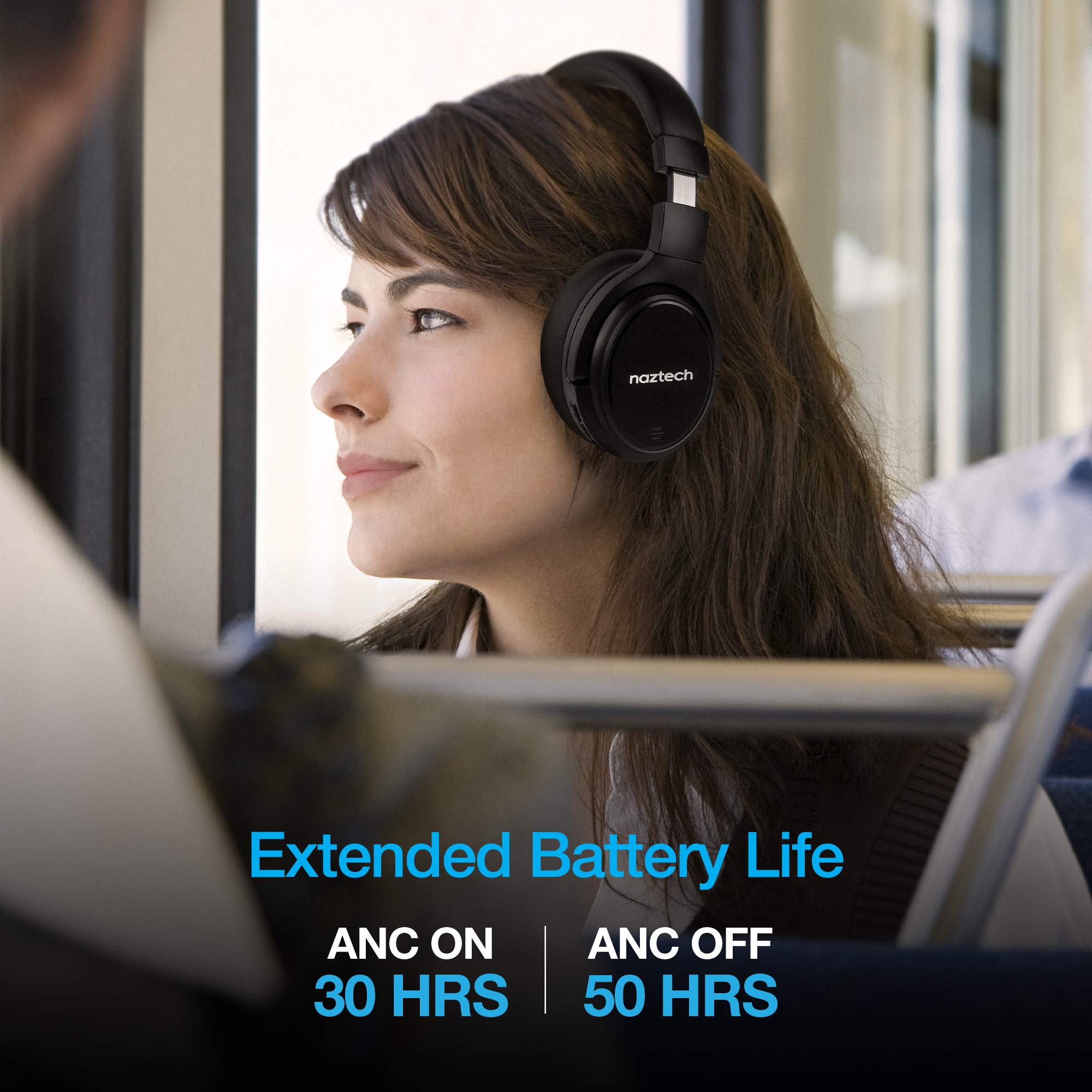 Naztech Driver ANC 1000 Active Noise Cancelling Bluetooth Headphones with 4 Microphones - Comfortable Over-Ear Wireless Headset, 50Hr Battery Life - Perfect for Home Office, Online Classes, Travel & Entertainment (Black) 15136
