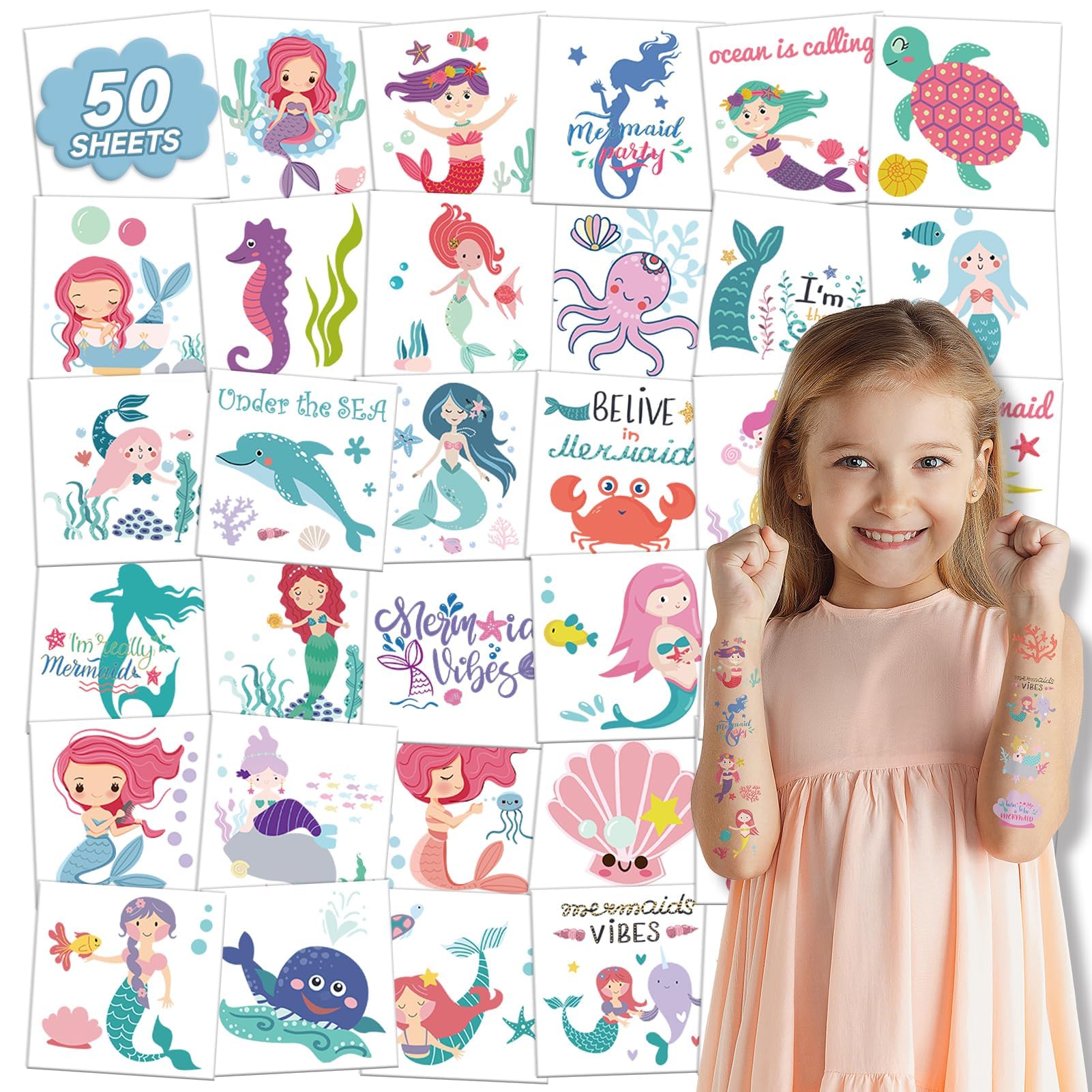 50 Sheets Mermaid Temporary Tattoos for Kids - Individually Wrapped Ocean Themed Tattoo Stickers for Birthday Parties, Mermaid Games & Summer Beach Activities - Perfect for Girls' Party Favors, Decorations & Underwater Themed Events