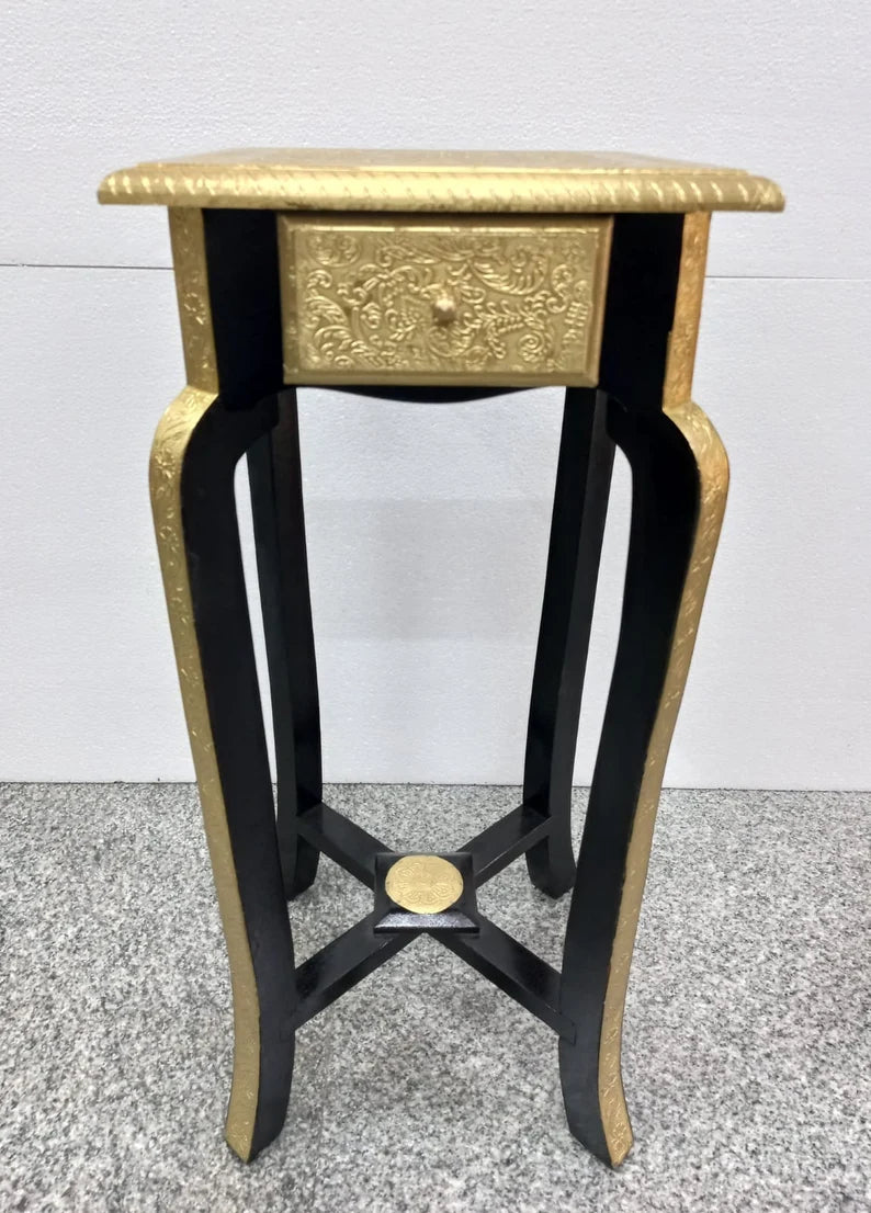 Handmade Embossed Metal Nightstand - Antique Brass Bedside Table with Vintage Design | Indian Boho Furniture for Bedroom Decor & Living Room Accent