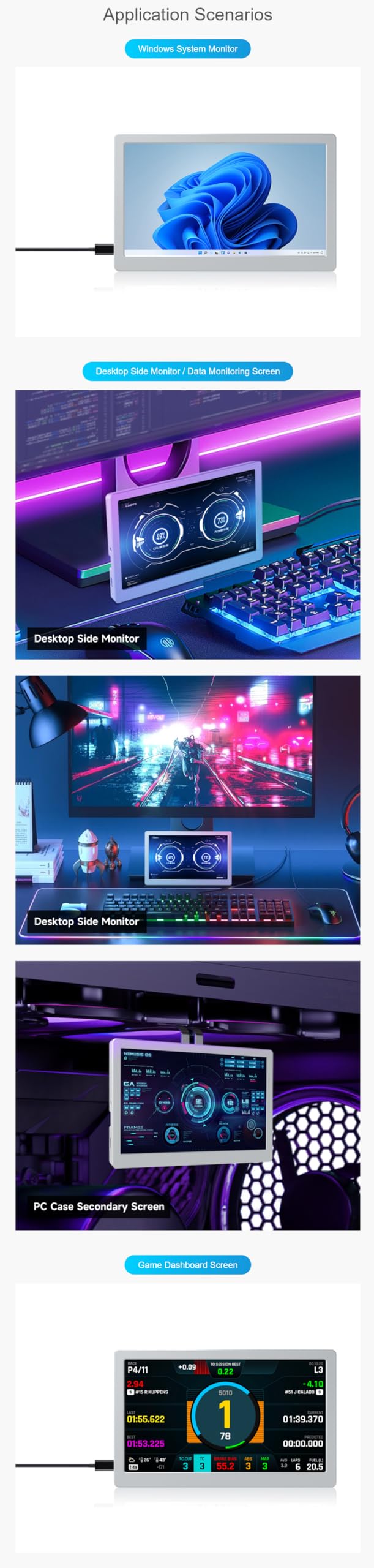 TUOPUONE 7inch IPS Side Monitor - 1024×600 HD Resolution, Secondary Display for PC Case, High Brightness & CNC Metal Frame (Black) - Perfect for Gaming Setups, Workstations, and Multi-Tasking