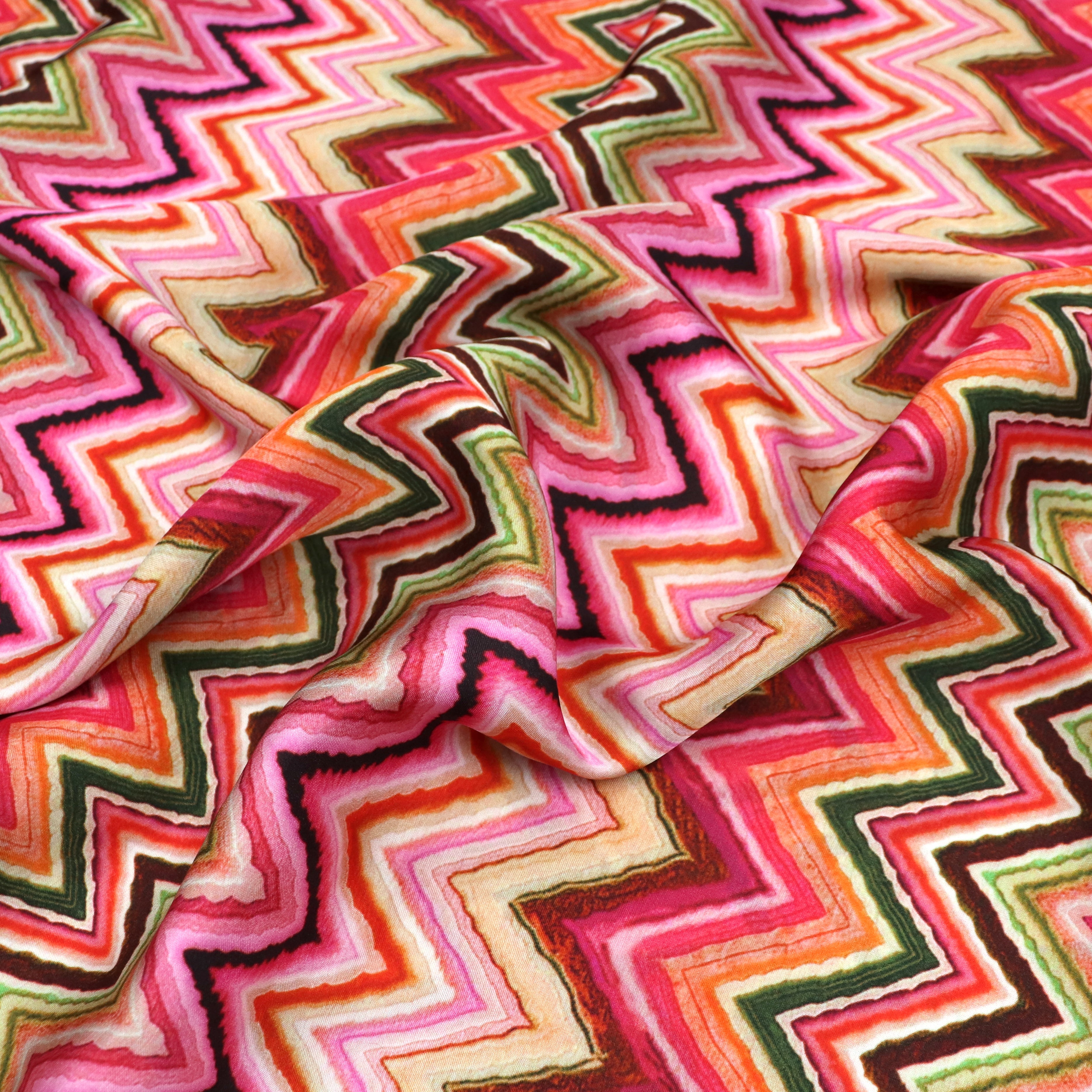 Viscose Satin Fabric - Zigazigah Print in Pink & Green - End of Bolt 110cm Wide - Perfect for Dresses, Scarves & Home Decor