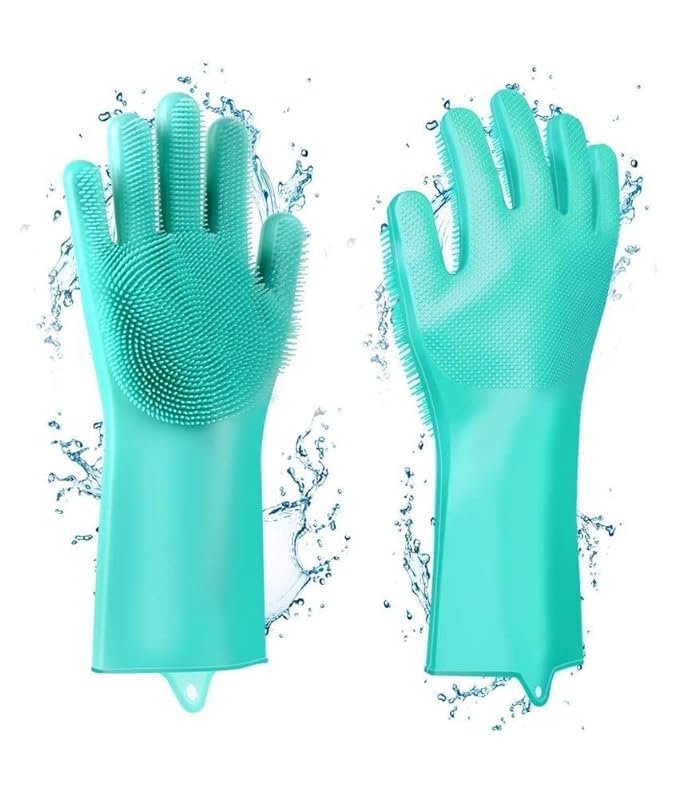 MAGOPAJA Magic Silicone Gloves with Scrubber - Heat Resistant Dishwashing Gloves for Kitchen Cleaning, Pet Grooming & Car Washing (Multicolor) - Perfect for Washing Dishes, Bathing Pets & Household Cleaning Tasks