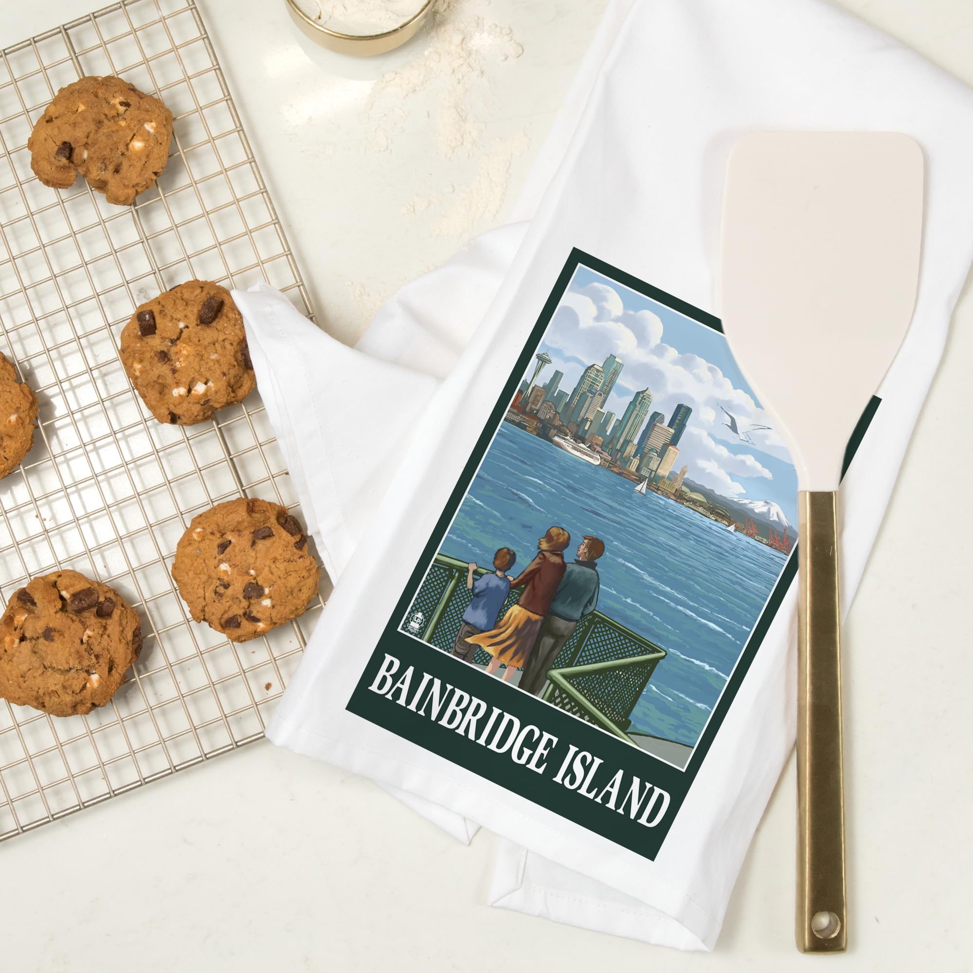 Lantern Press Bainbridge Island Washington Ferry and Seattle 100% Cotton Tea Towel - Decorative Kitchen Hand Towel for Dish Drying, Home Decor & Gift