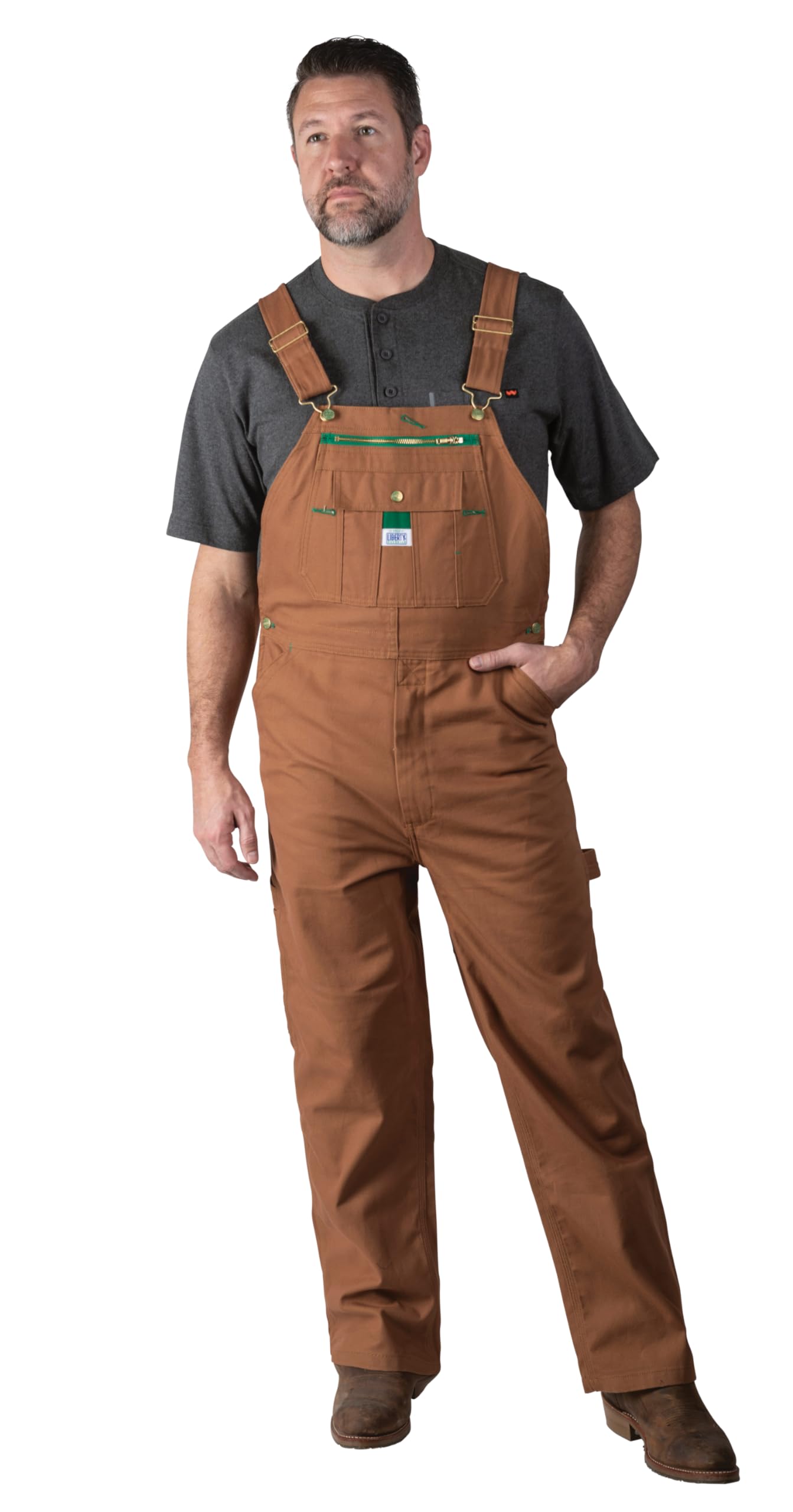 Liberty Men's Duck Bib Overalls - Pecan Brown Workwear Coveralls, 52x32 Size for Farming, Construction & Outdoor Work