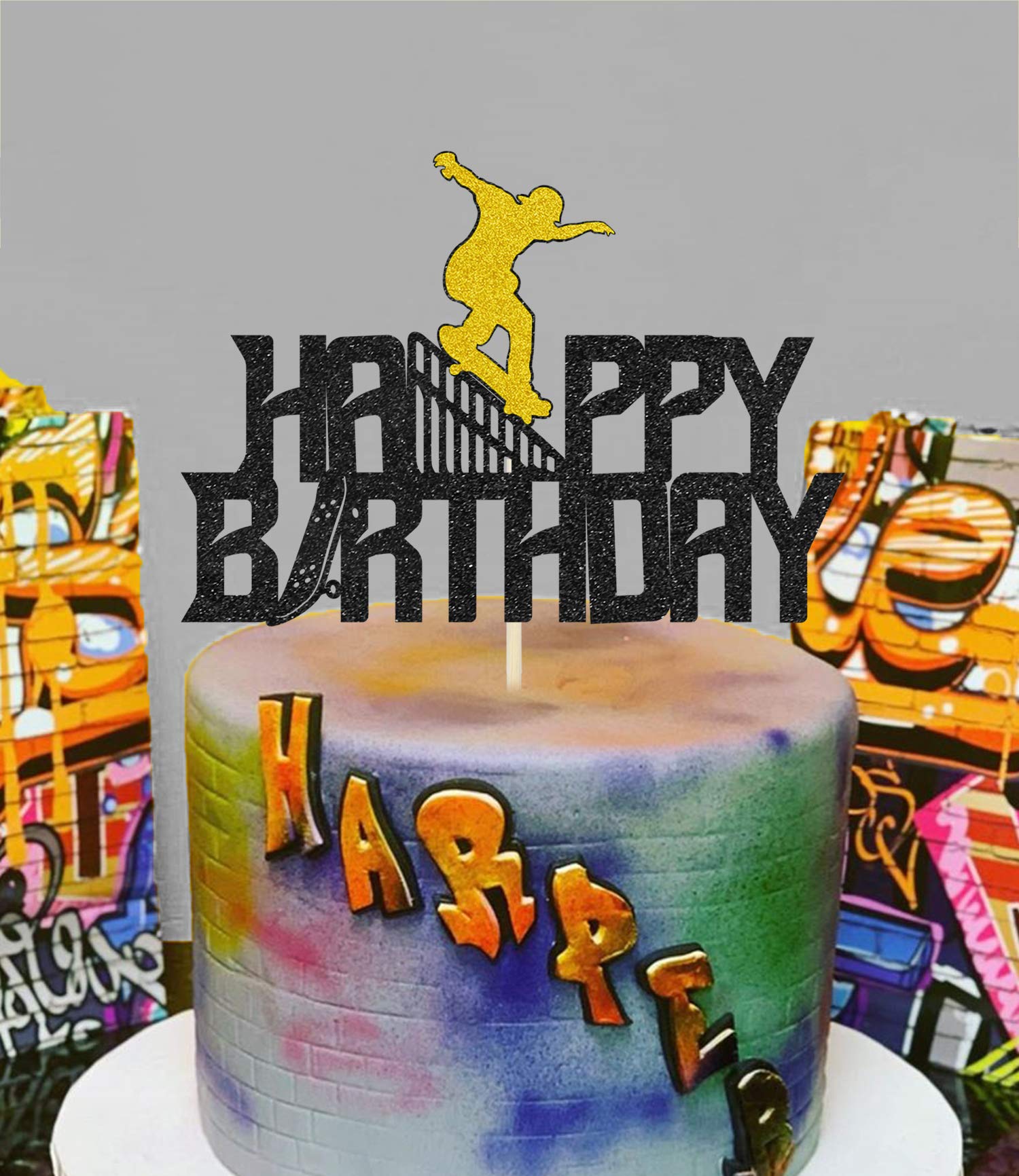 Glitter Happy Birthday Skateboard Cake Topper - Extreme Skateboard Sport Decor for Skateboarding & Graffiti Theme Parties - Perfect for Birthday Cakes, Cupcakes & Desserts