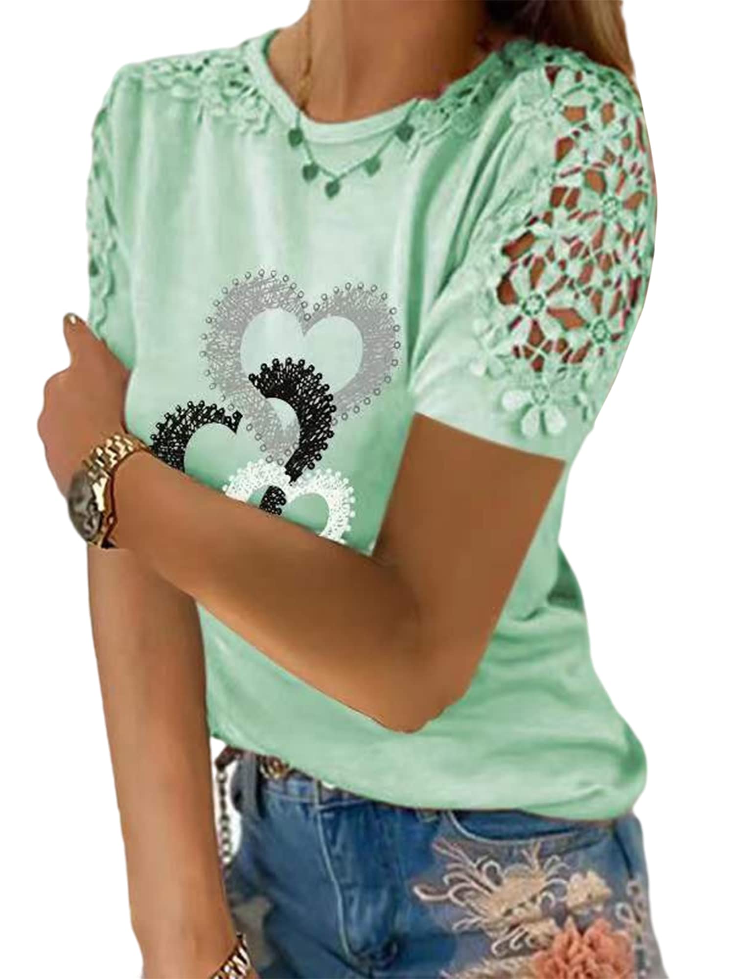 Women's Summer Blouses - Heart Print Short Sleeve Crew Neck T-Shirt, Loose Fit Hollow Out Tee Shirt for Casual Wear, Beach Outfits & Summer Vacation