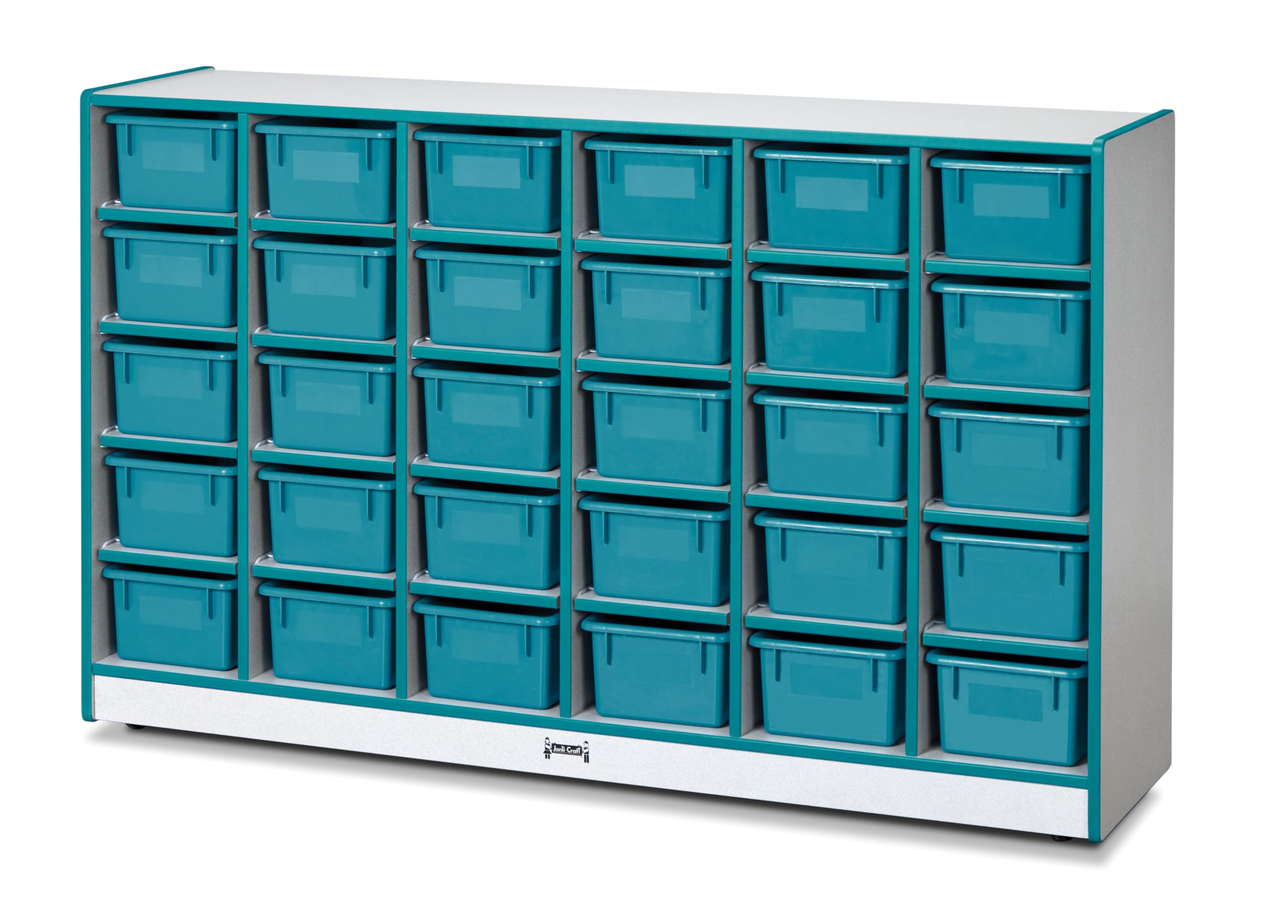 Jonti-Craft 30 Cubbie-Tray Mobile Storage Unit with Colorful Bins - Teal Rainbow Accents 0431JCWW005 | Perfect for Classroom Organization, Daycare Storage & Kids Toy Organization