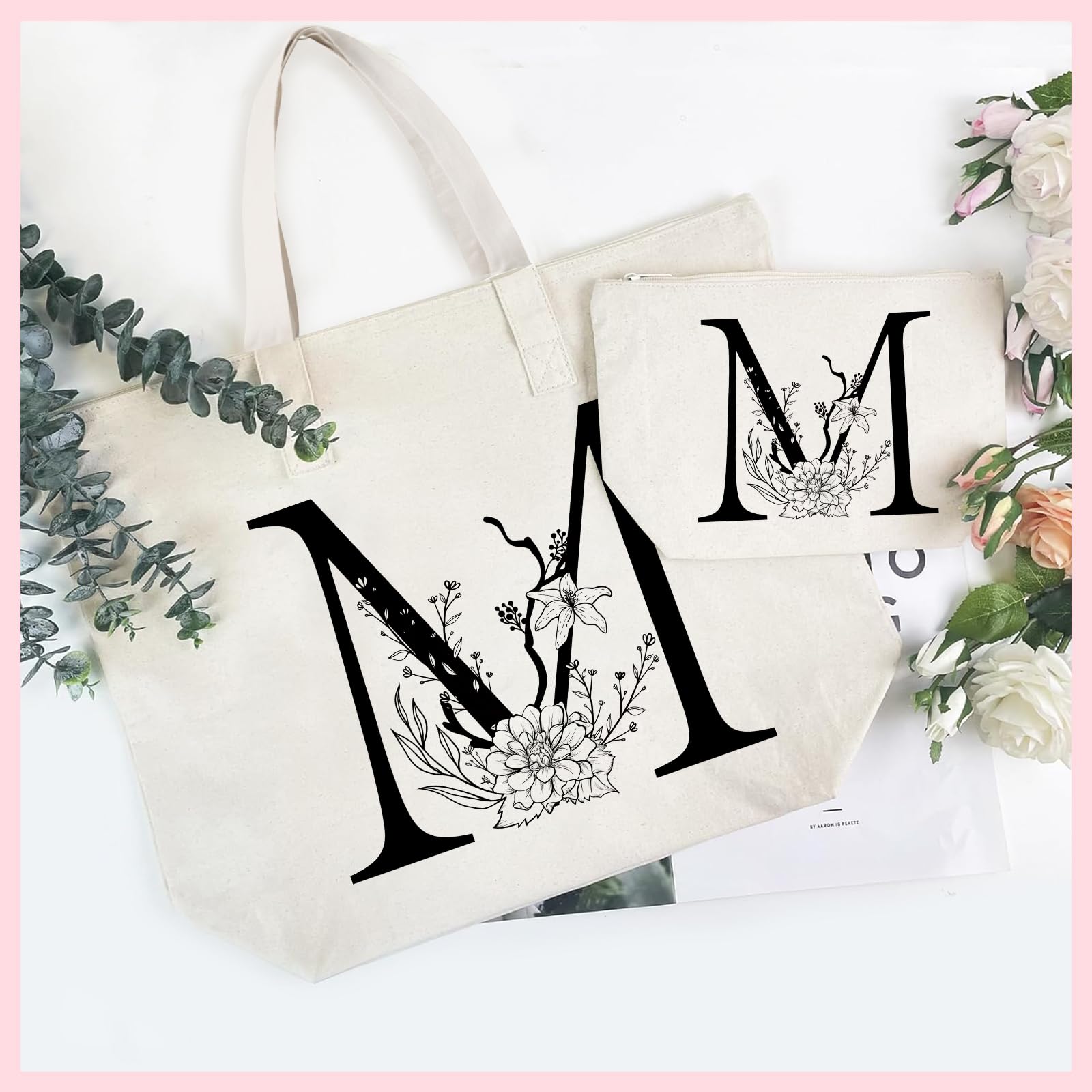 Personalized Initial Canvas Tote Bag for Women - Cotton Reusable Shopping & Cosmetic Bag - Perfect Gift for Friends, Colleagues, Moms - Birthday, Wedding & Christmas Present - Great for Shopping, Travel & Daily Use