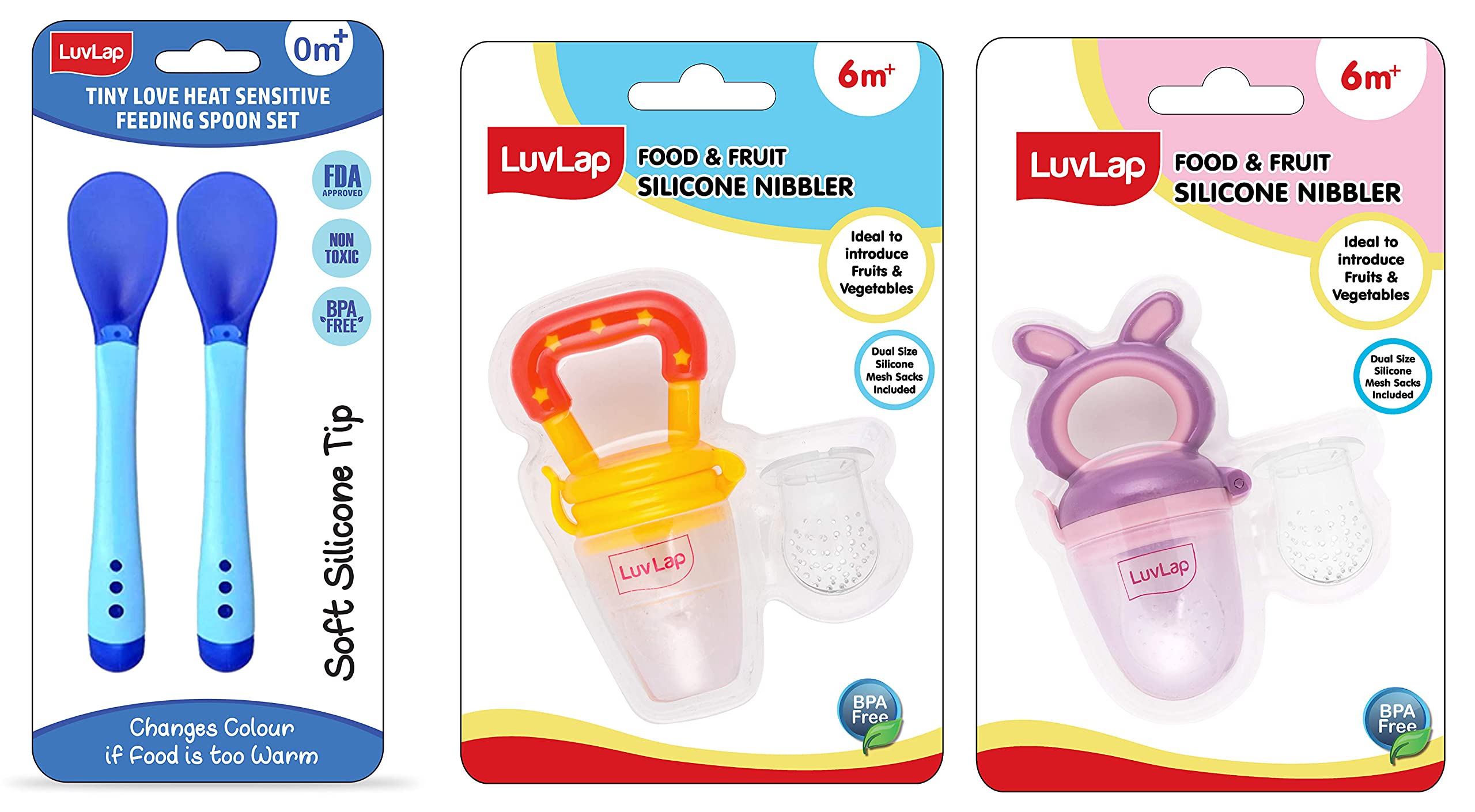 LuvLap Bunny Silicone Baby Food & Fruit Nibbler with Extra Mesh - Soft Pacifier Feeder & Heat Sensitive Feeding Spoons Set (Blue & Yellow) - Perfect for Teething Babies & First Solid Foods - Ideal for Home, Travel & Daycare Use