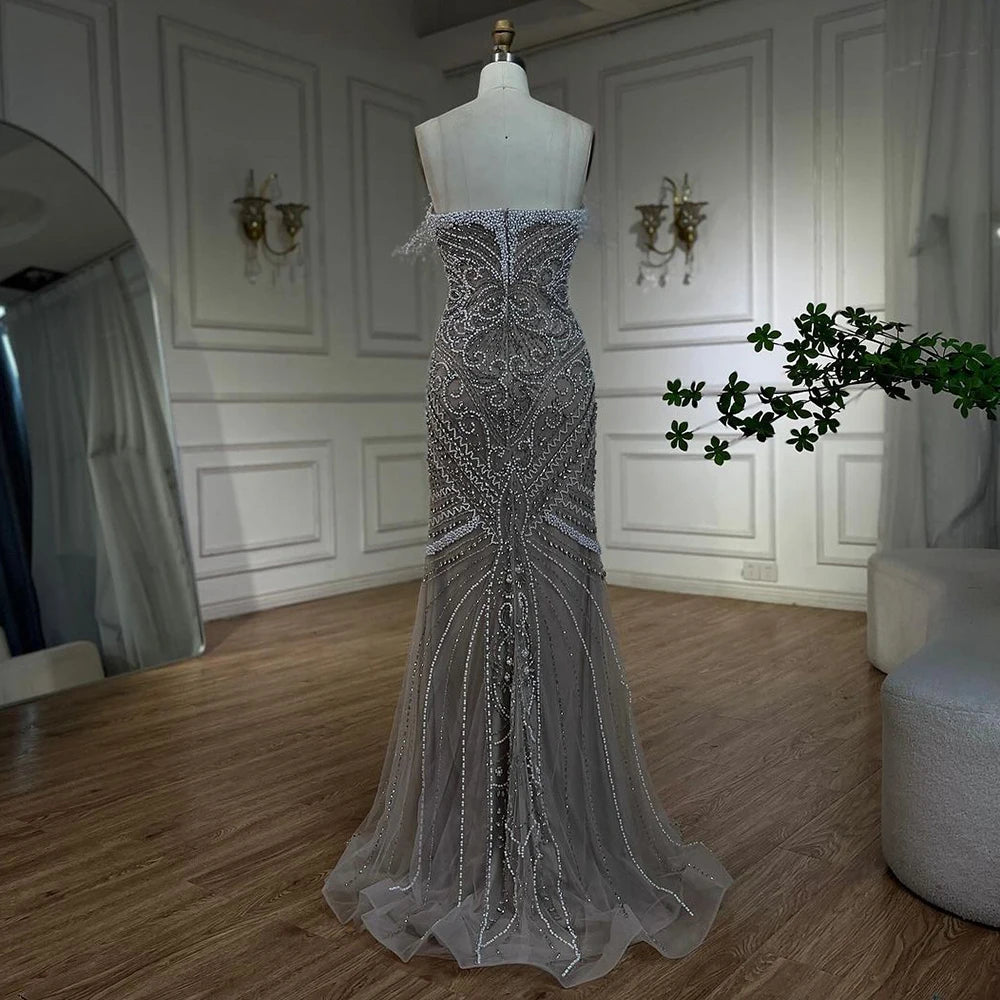 Serene Hill 2025 White Nude Split Mermaid Pearl Beaded Luxury Evening Gown for Women - Elegant Wedding Party Dress LA72522 | Perfect for Prom, Gala, Red Carpet & Formal Events