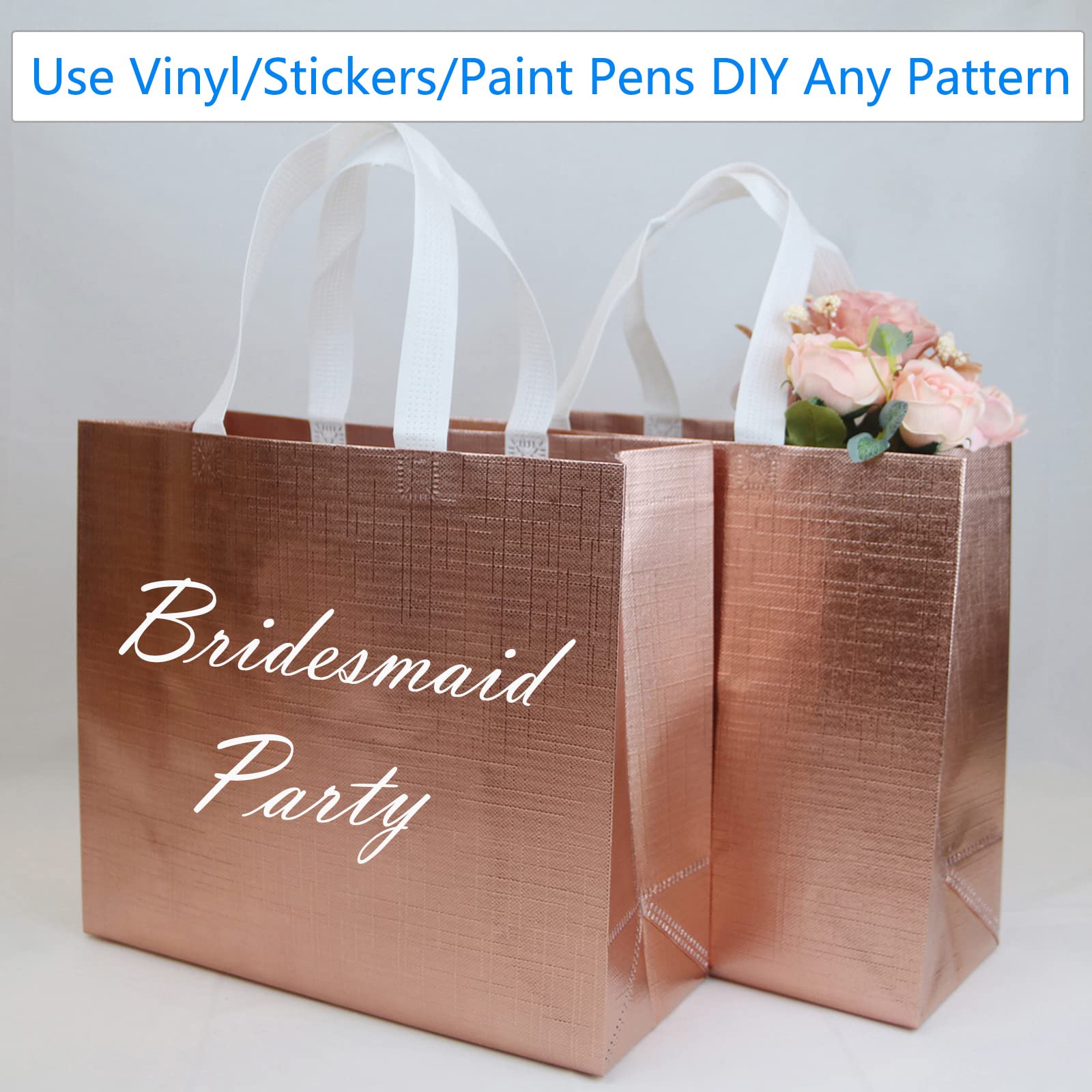 HUANN Rose Gold Bachelorette Party Gift Bags - Large Glossy Reusable Non-Woven Tote Bags for Bridal Shower, Wedding Favors & Girls Night Out