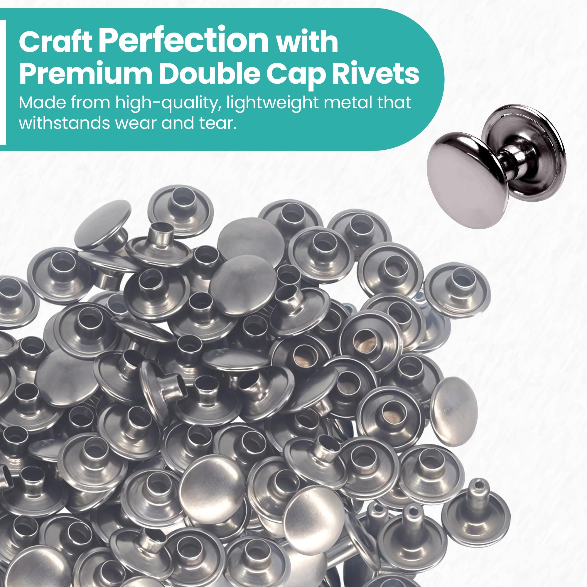 100-Piece Double Cap Tubular Rivets Kit with 3 Hand Tools - 5mm Gun Metal Rivets for Leather Craft, Clothing & Bag Repair - DIY Leatherworking, Shoe & Accessory Fixing