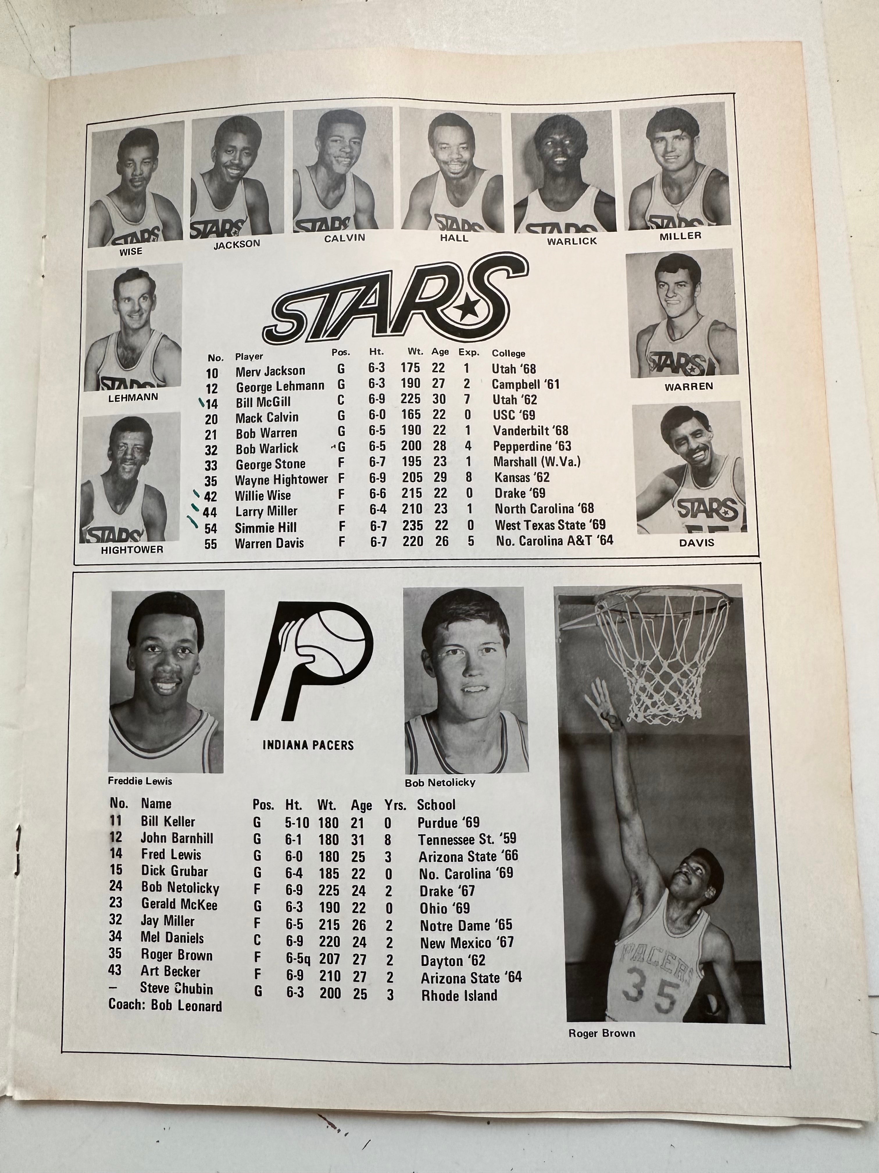 LA Stars vs Pacers 1969 ABA Basketball Original Program - Vintage Sports Memorabilia for Collectors & Basketball Fans