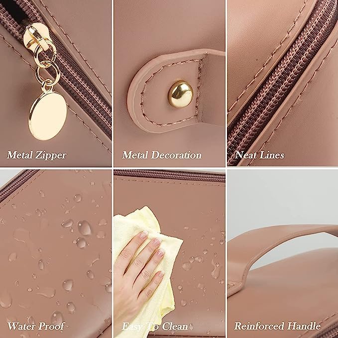 Waterproof Leather Travel Makeup Bag - Double Layer Cosmetic Organizer with Large Zipper Pouch for Women (Brown) | Perfect for Vacation, Gym & Daily Essentials Storage