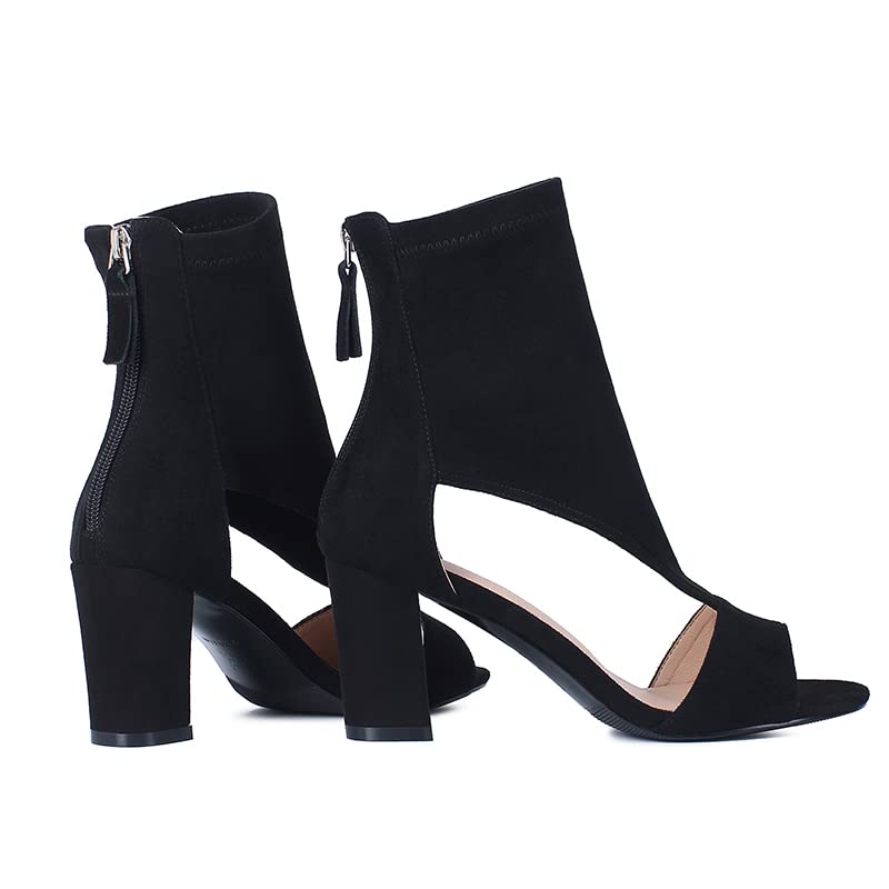 Black Suede Women's Peep Toe Booties Sandals - T-Strap Cutout Design with Back Zipper, Open Toe Chunky High Heel Pump Boots for Prom, Party & Evening Wear | Hollow Caged Wrap-Up Block Heel Dress Shoes