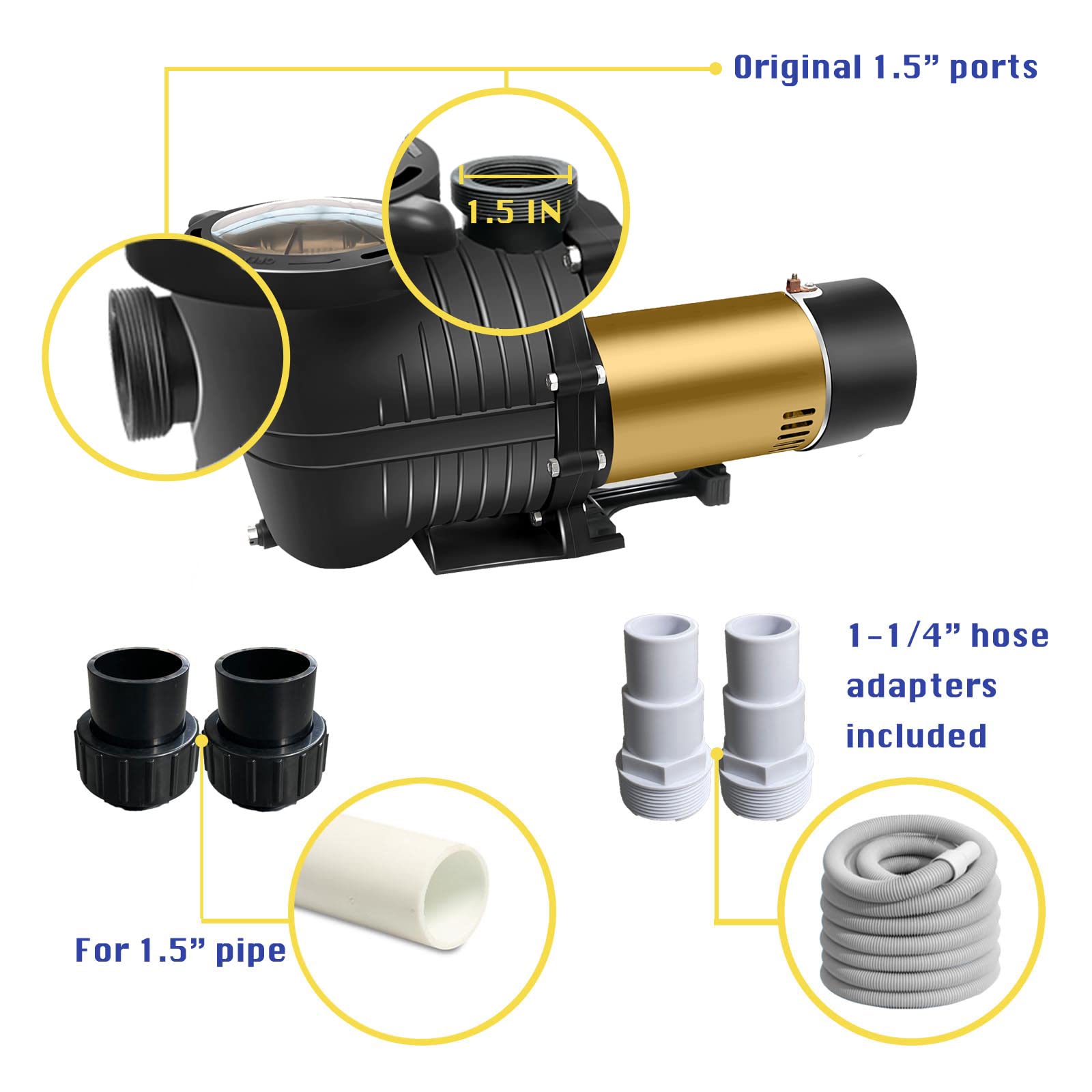 1.5HP Pool Pump 5400GPH - High Performance Inground & Above Ground Swimming Pool Pump with 1.25