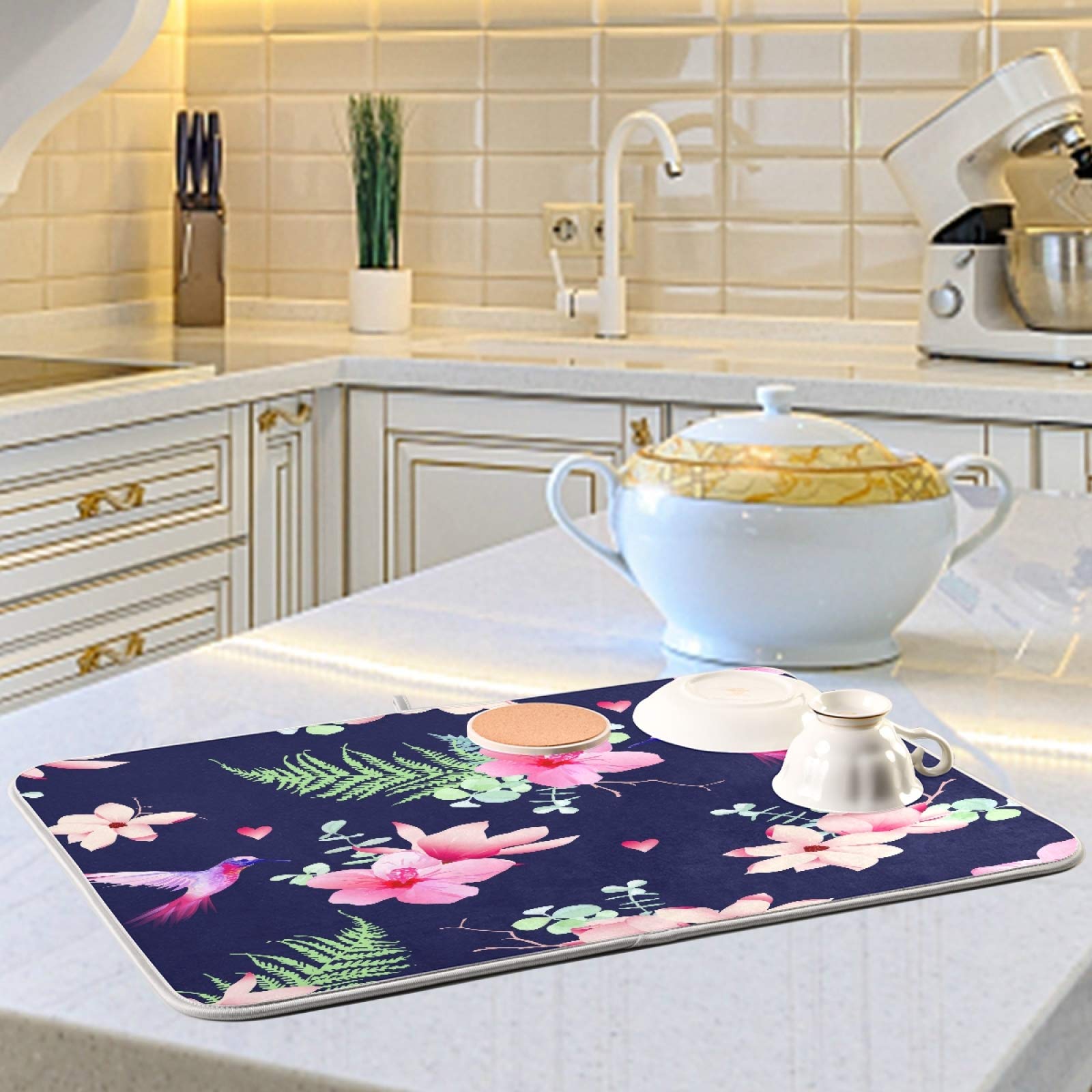 Premium Polyester Dish Drying Mat with Hummingbird Design - 24