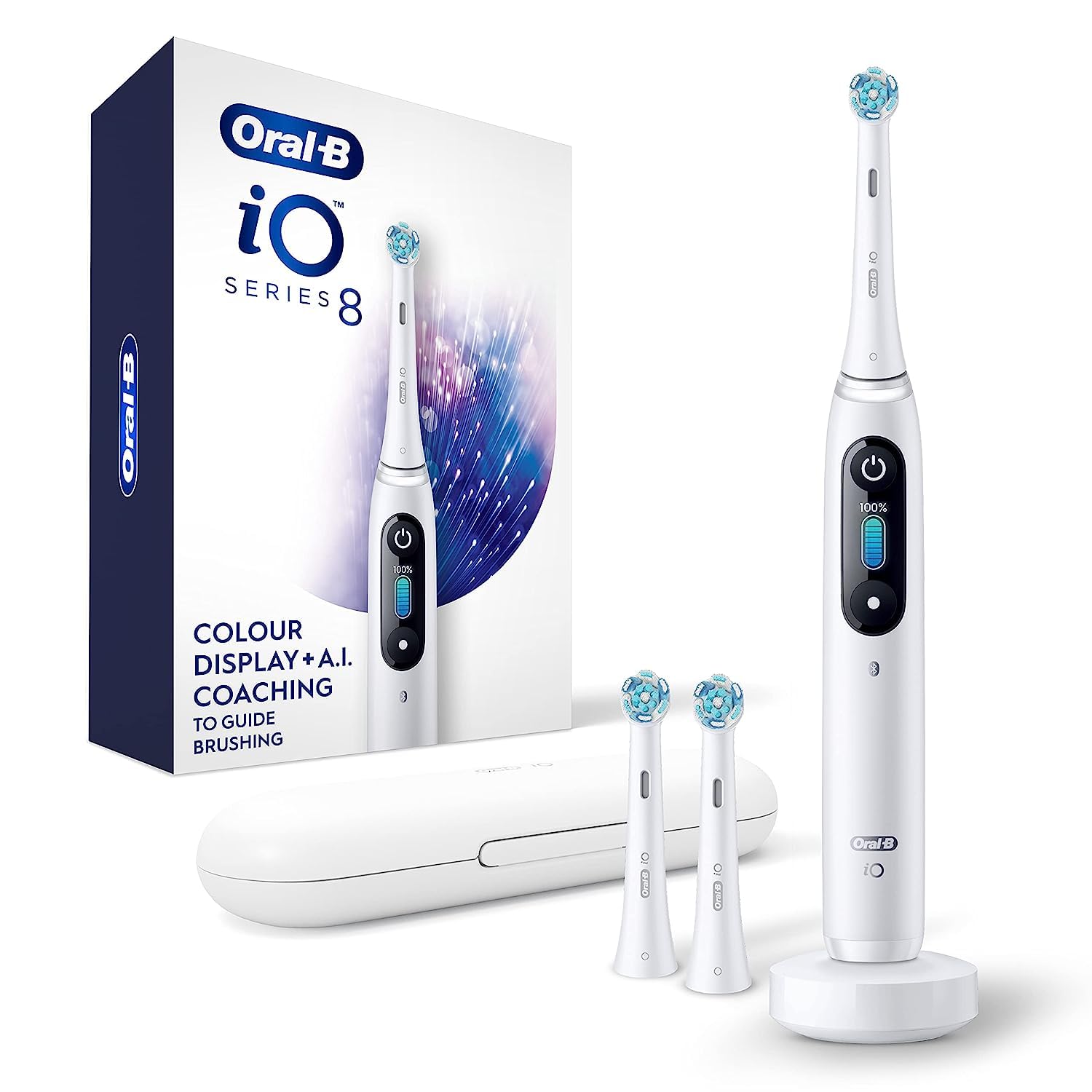 Oral-B iO Series 8 Electric Toothbrush with 2 Replacement Brush Heads & Travel Case - Rechargeable Smart Toothbrush in White Alabaster - Perfect for Home Use & Travel Oral Care