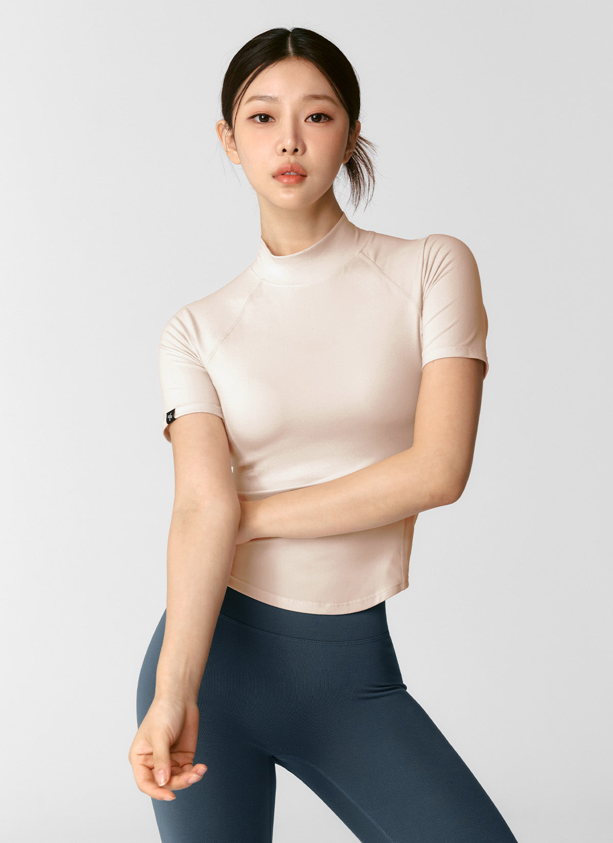 Peach-Colored Mock Neck Short Sleeve T-Shirt for Women - Casual Summer Top for Outfits, Dating & Office Wear