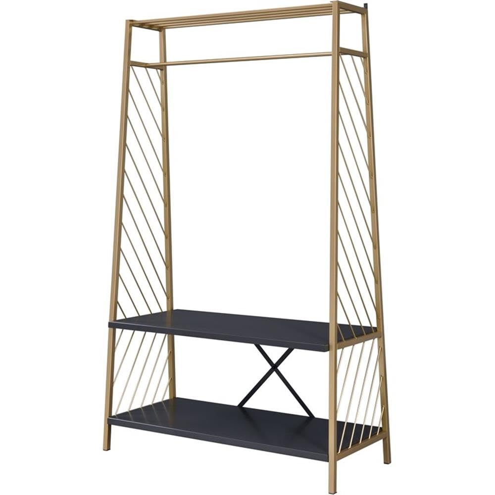 Acme Pahor Gold & Black Metal Hall Tree with 2-Tier Shelves - Entryway Organizer for Coats, Hats & Shoes | Perfect for Mudrooms & Foyers