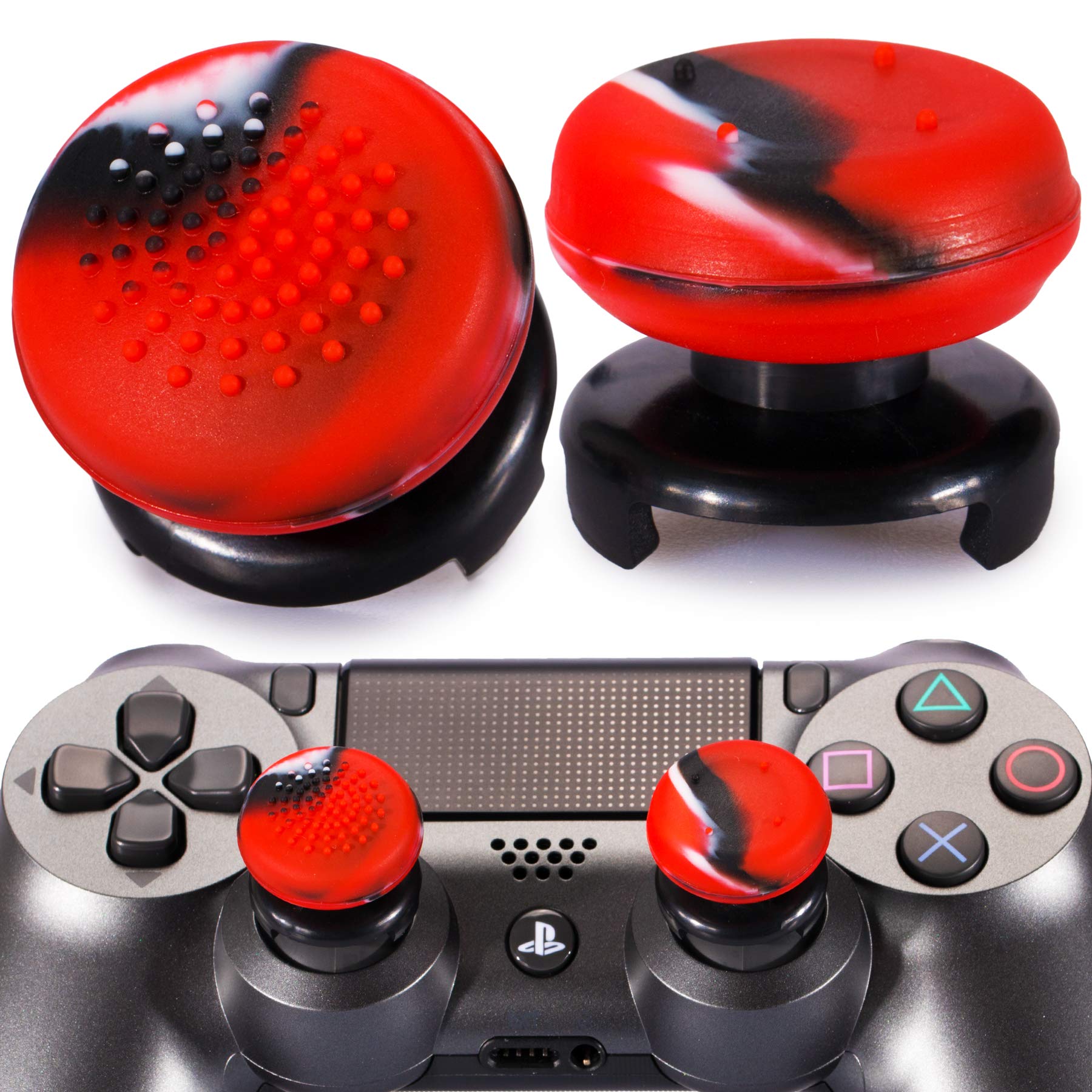Playrealm FPS Thumbstick Grip - 2 Pack Ergonomic Silicone Analog Stick Covers & Extenders for PS5 DualSense & PS4 Controllers (Red Camo) - Improve Gaming Accuracy & Comfort for FPS, Racing & Action Games