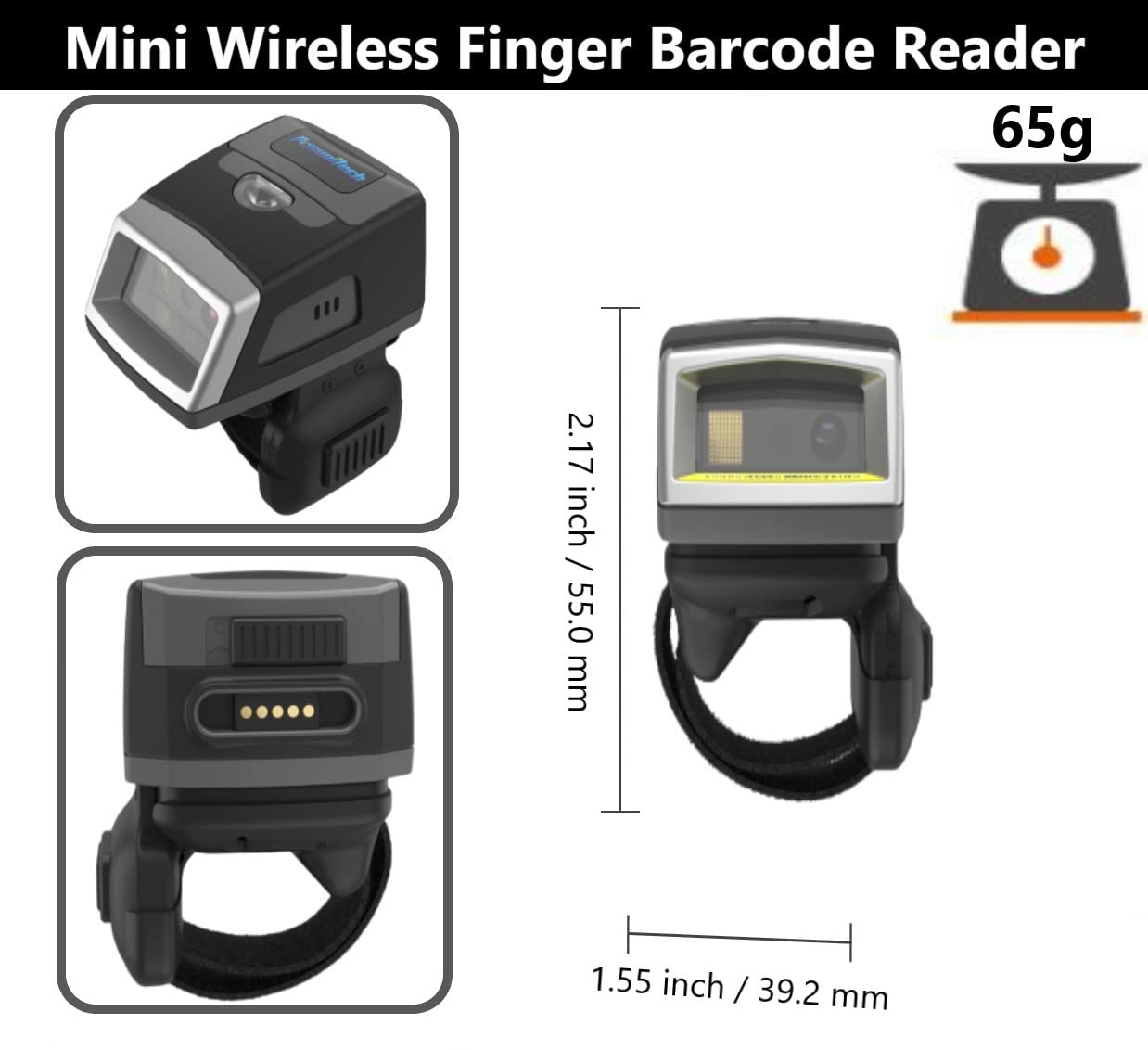 1D 2D Wireless Bluetooth Mini Ring Barcode Scanner - IP65 Waterproof, Compatible with Zebra SE4107, iOS & Android - Includes TPU+PC Case, 550mAh Replaceable Battery & Charger - Perfect for Retail, Warehouse & Inventory Management
