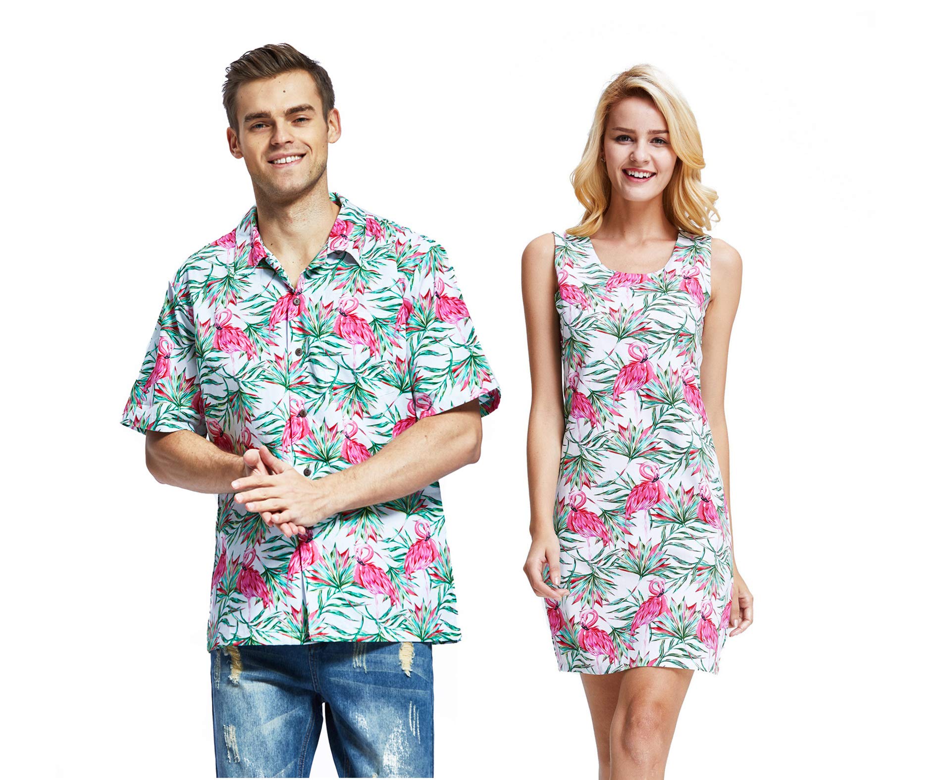 Couple Matching Hawaiian Luau Cruise Christmas Outfits - Tropical Flamingo in Love Shirt & Dress Set for Beach Party, Vacation, and Holiday Photos