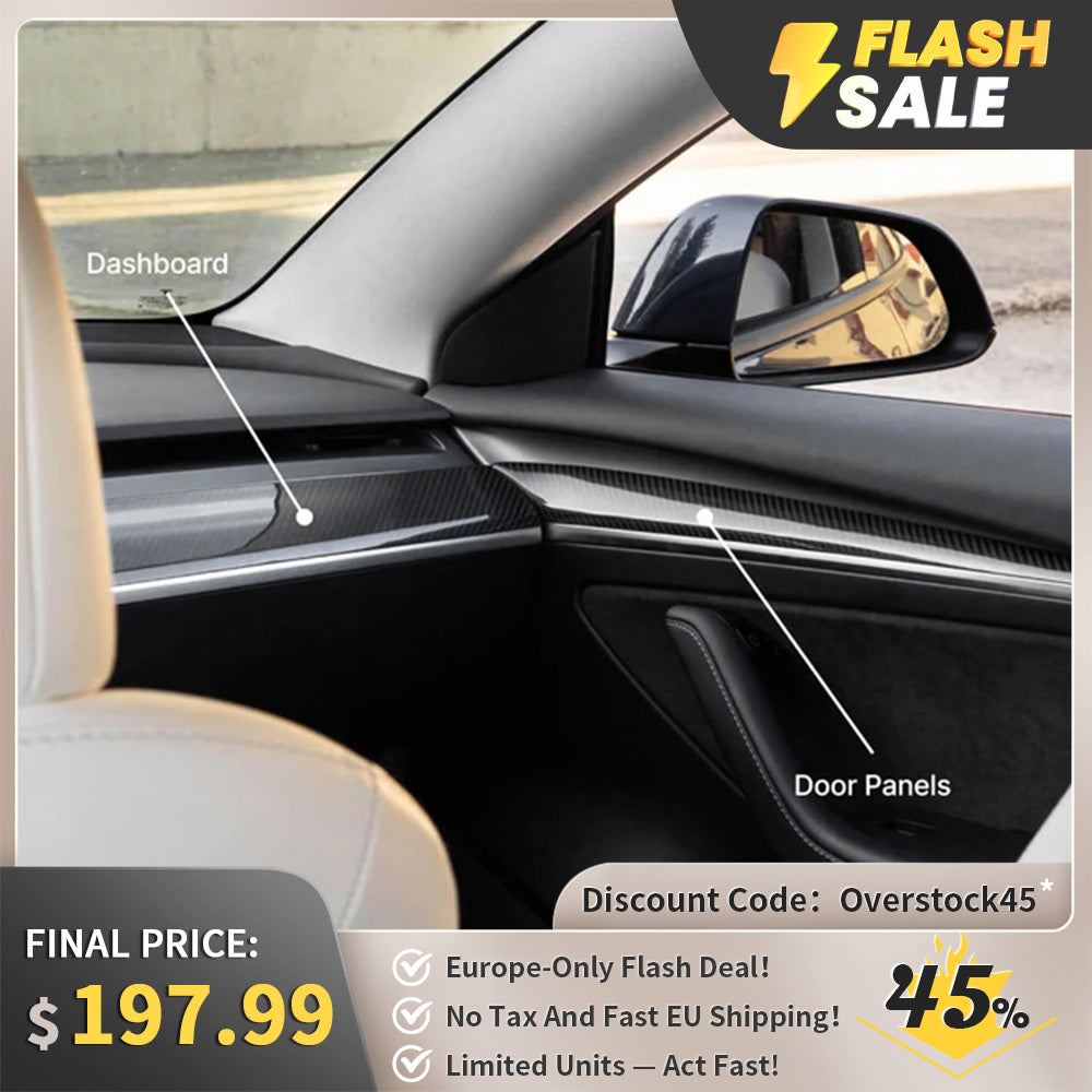 Tesla Model 3/Y Carbon Fiber Interior Trim Kit - Dashboard & Door Panel Covers (2021-2024) | Premium Car Accessories for Luxury Interior Upgrade | Perfect for Tesla Owners Seeking Stylish Protection