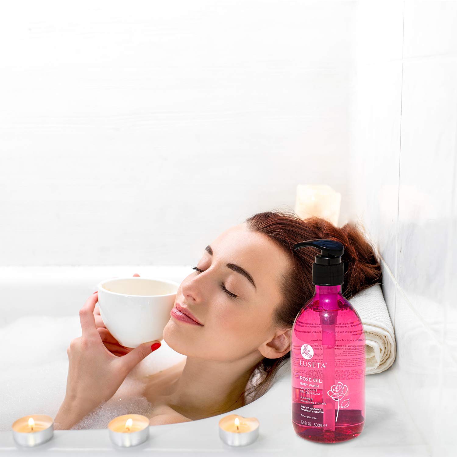 Luseta Rose Oil Body Wash for Dry Skin - 33.8oz Hydrating Shower Gel with Nourishing Essential Oils | Sulfate & Paraben Free | Moisturizing Body Wash for Women & Men | Perfect for Daily Shower Routine & Spa-Like Relaxation at Home