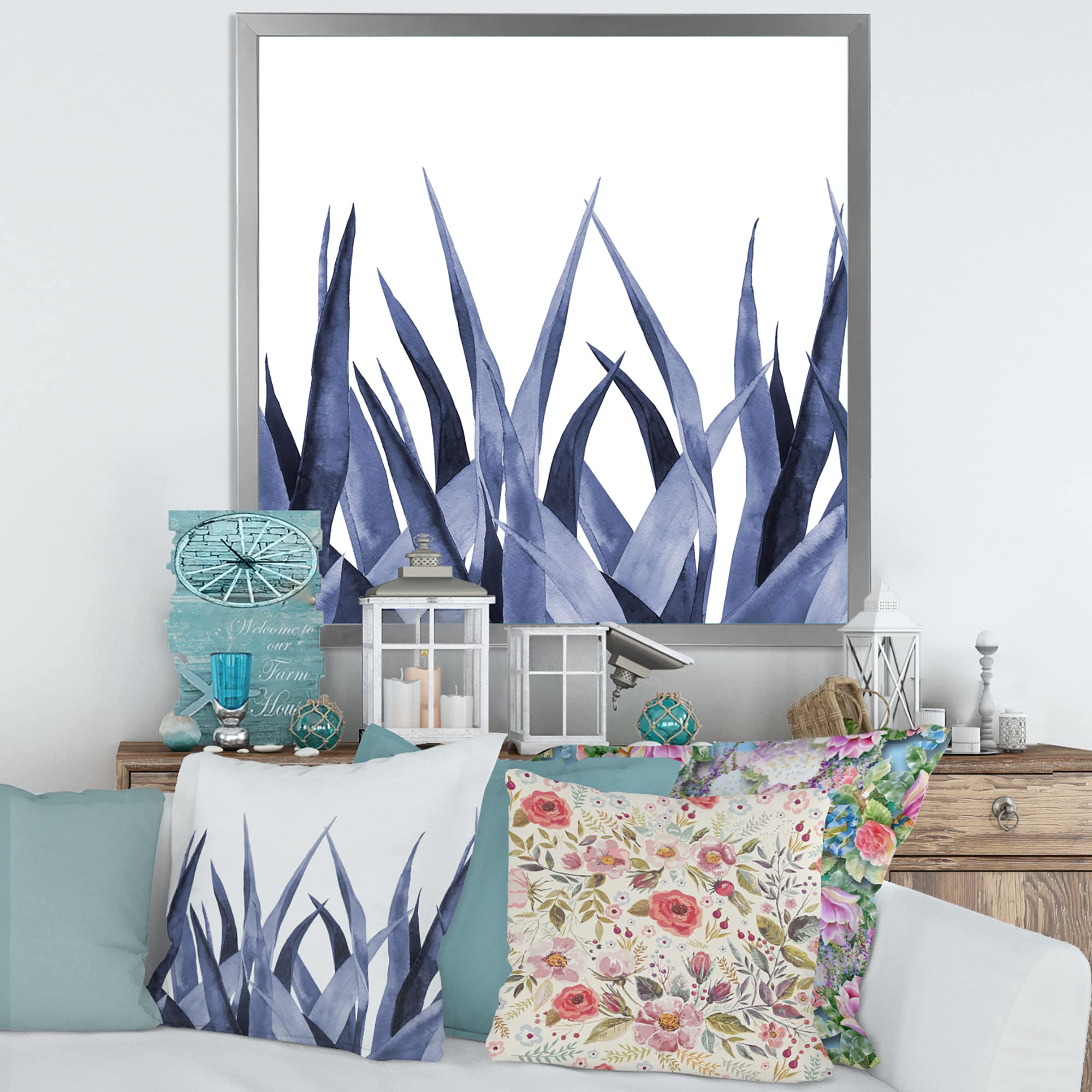 Handmade Navy Blue Agave Leaves Framed Wall Art - Mexican Traditional Home Decor for Living Room, Bedroom & Office