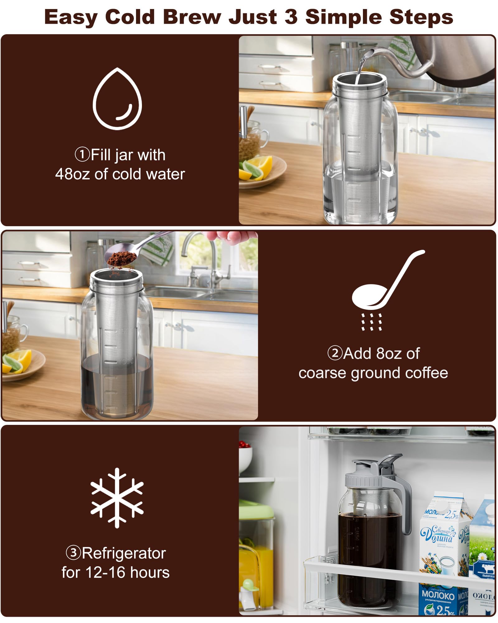 Premium 64oz Cold Brew Coffee Maker with 304 Stainless Steel Filter - Iced Coffee Pitcher with Lid & Spout - Large Mason Jar Design (Grey) - Perfect for Home, Office & Outdoor Use