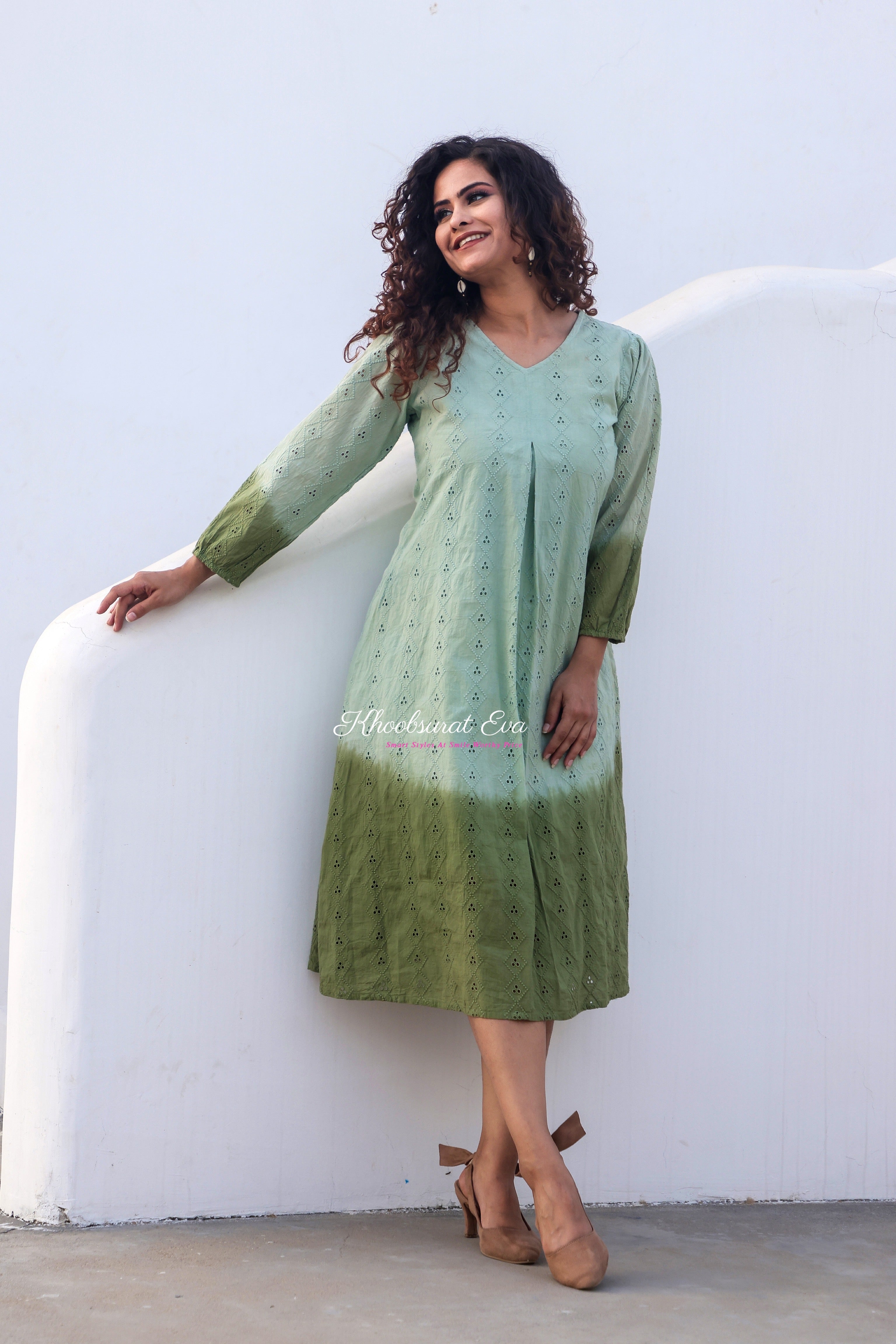 Pista Green Embroidery Ombre Dress for Women - Elegant Floral Summer Maxi Dress for Beach, Wedding & Special Occasions