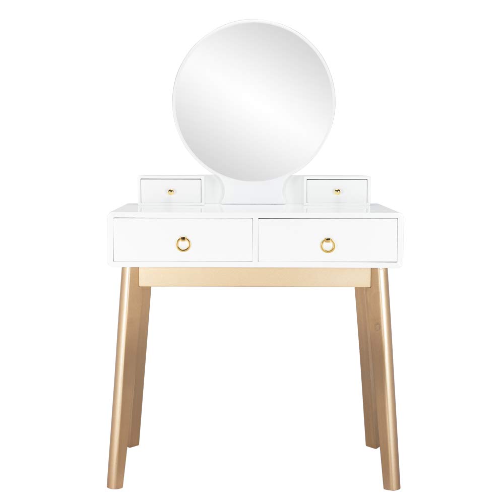 Luxury Vanity Table with Mirror & Stool - Solid Wood Makeup Dressing Table with 4 Drawers for Bedroom & Bathroom - Perfect for Makeup Organization, Skincare Routine & Home Decor (No Lamp Included)