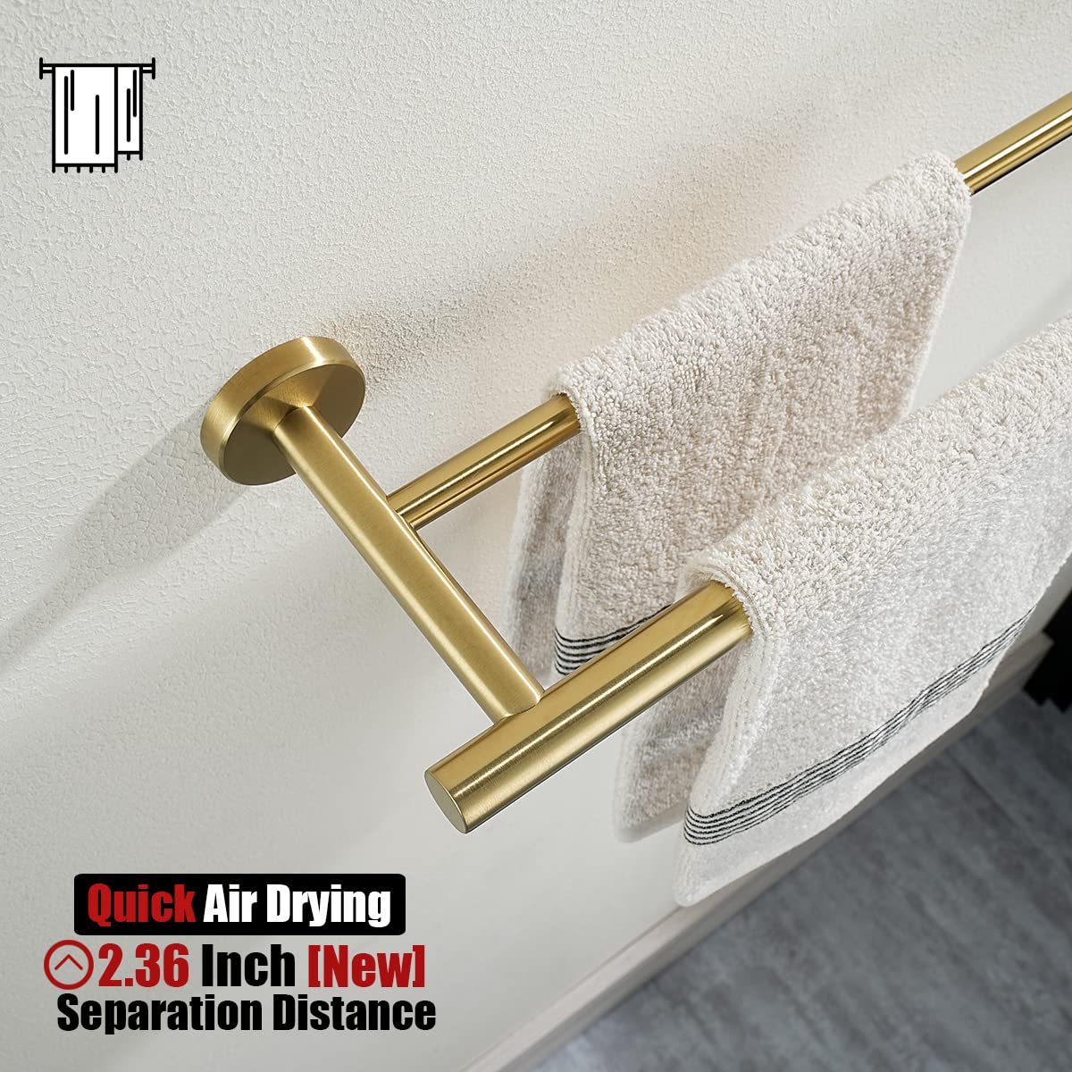 24 Inch Brass Gold Bath Towel Rack - JQK Double Towel Bar for Bathroom, 304 Stainless Steel Thickened 0.8mm Wall Mount Towel Holder in Brushed Gold (27.16 Inch Total Length, Model TB100L24-BG) - Perfect for Spa, Hotel, and Home Bathroom Decor