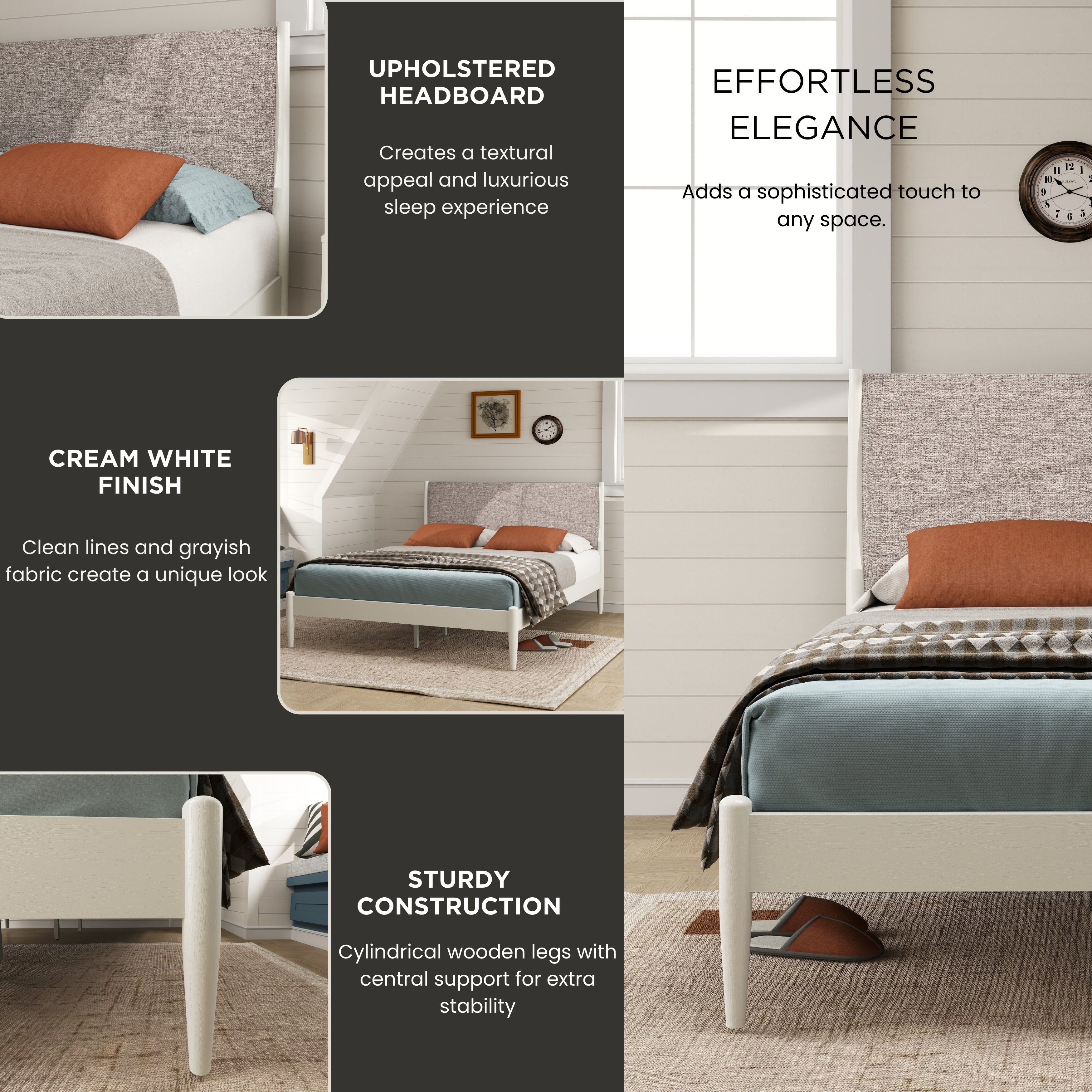 Roundhill Furniture Feeney 2-Piece Queen Bedroom Set - Cream White Platform Bed with Nightstand | Modern Minimalist Bedroom Decor for Small Spaces & Guest Rooms