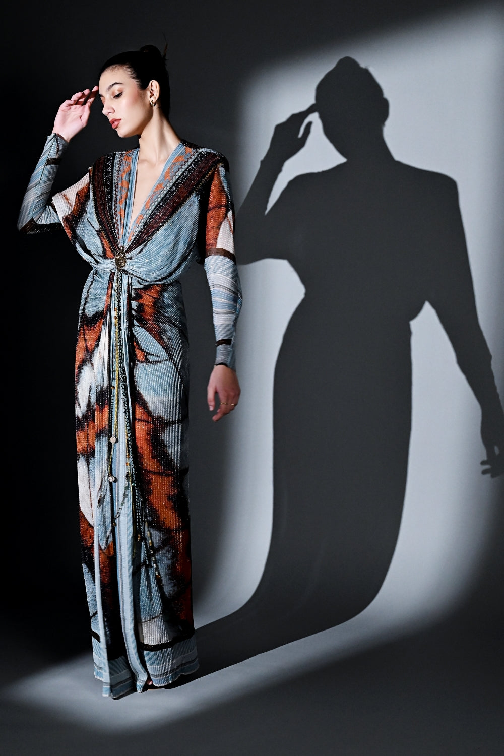 Elegant Powder Blue Butterfly Print Draped Maxi Dress for Women - Perfect for Summer Weddings, Beach Vacations & Date Nights