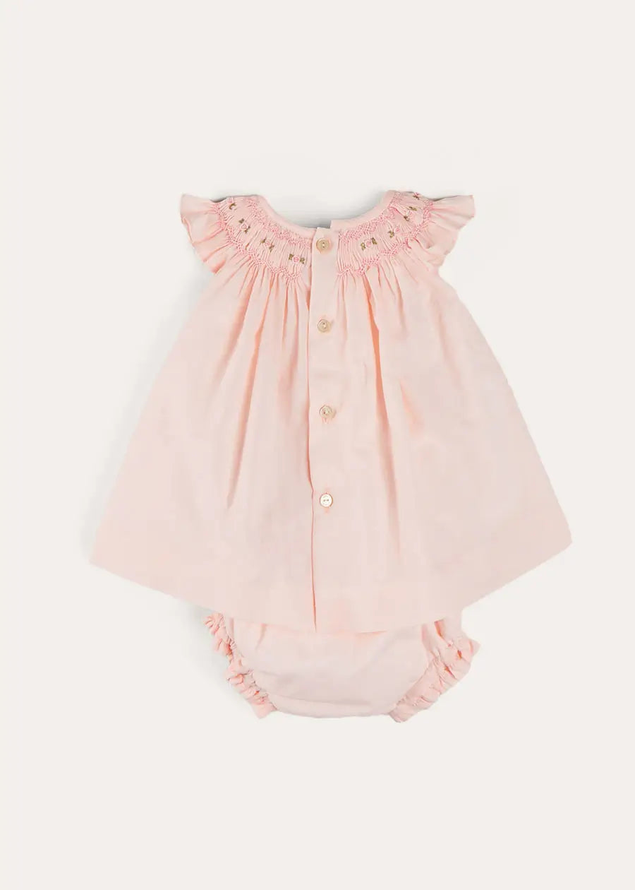 Pink Hand Smocked Sleeveless Baby Dress with Bloomers - 12 Months Size - Perfect for Special Occasions, Photoshoots & Summer Outfits
