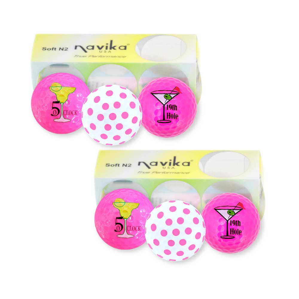 Happy Hour Fun Printed Golf Balls - 5 O'Clock Somewhere & 19th Hole Design (2 Pack) - White/Pink Polka Dot & Neon Pink Golf Balls for Parties, Gifts & Leisure Play | Perfect for Golf Enthusiasts & Social Events