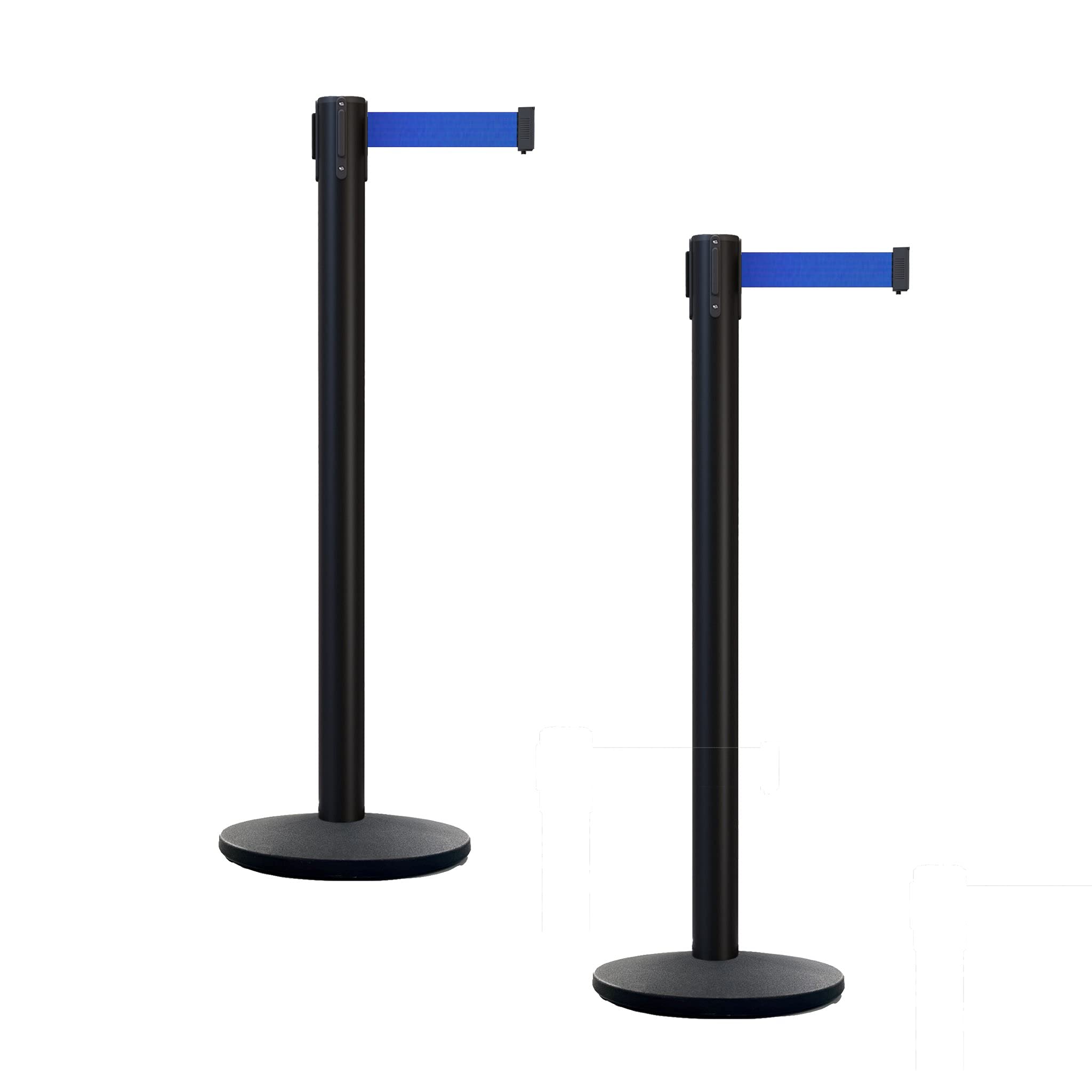 Montour Line MI650 Set of 2 Retractable Belt Barrier Stanchions with Cast Iron Base - 16ft Blue Belt, Black Powder Coated Steel Posts for Crowd Control | Perfect for Events, Queues, and Store Safety Barriers