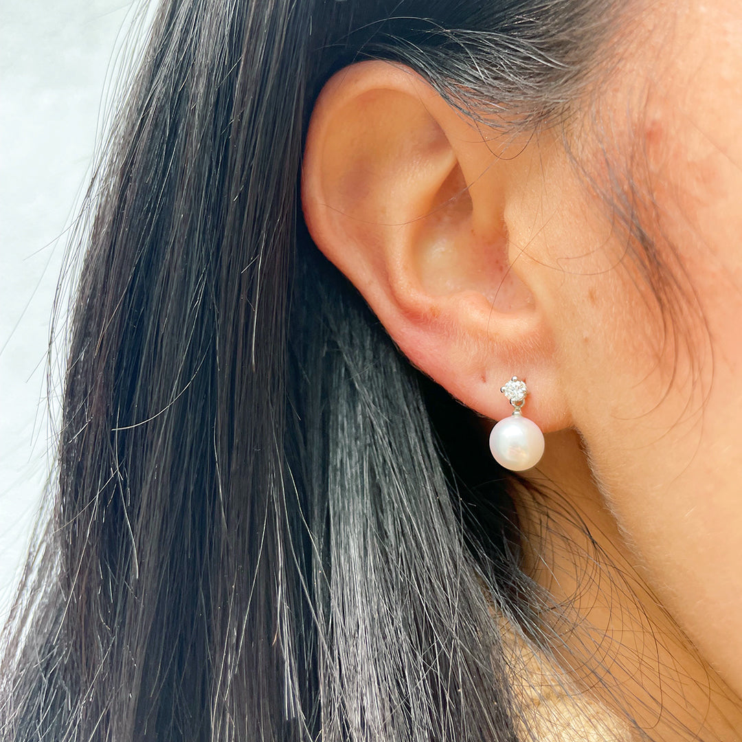 7mm Akoya Pearl & Diamond Drop Earrings in 14K White Gold – Elegant Jewelry for Weddings, Parties & Special Occasions